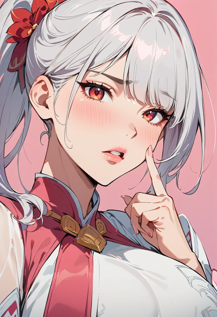 (masterpiece, best quality:1.4), 1 girl, 独奏, Anime style, Red pupil, Blurred eyes, Contempt, Slightly lift your head and look down, Pink lower lip, Left index finger touching face, Silver asymmetrical hairstyle, Long bangs on one side, High ponytail royal sister, Huge breasts, Dress dress, Pink background.