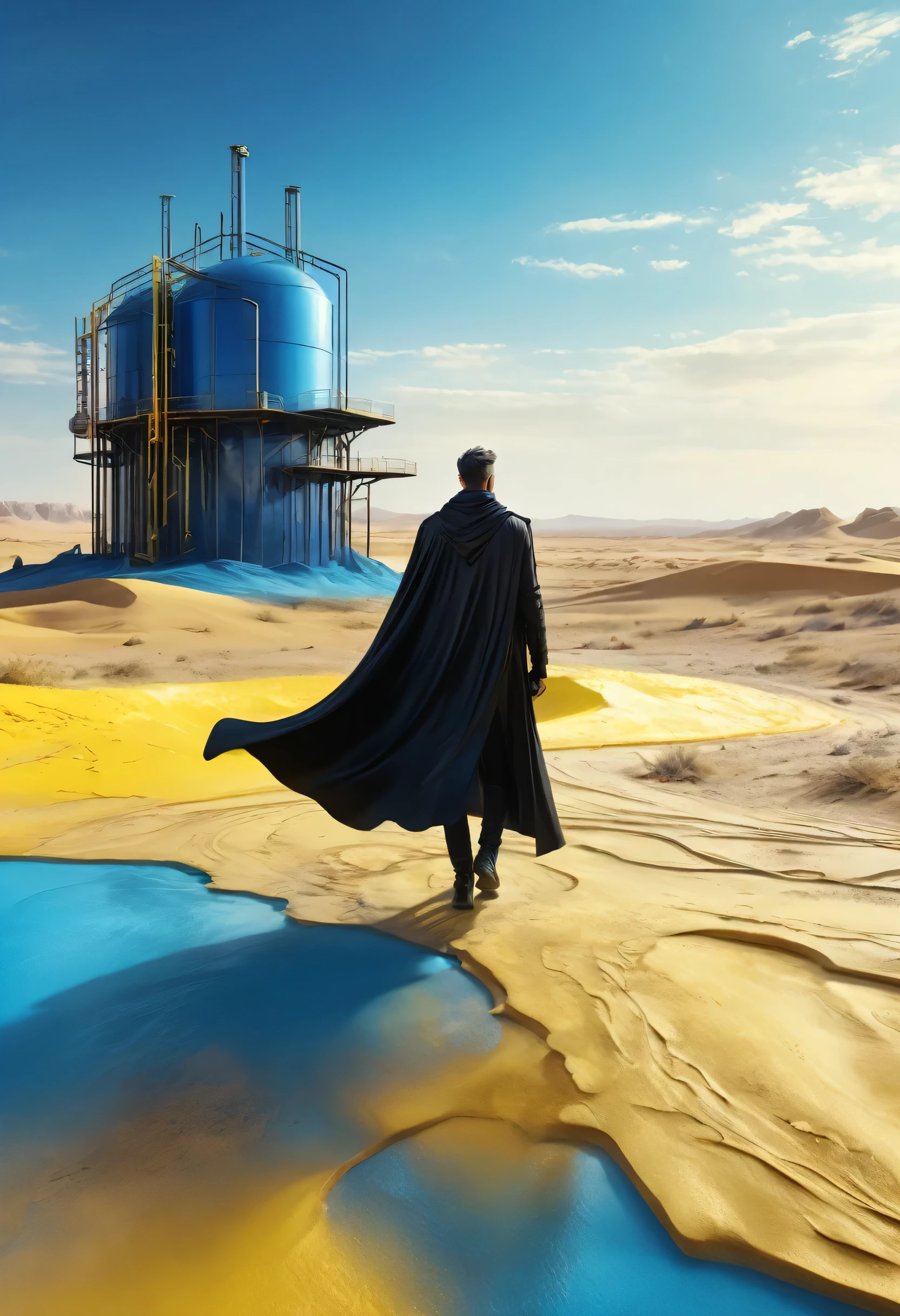 Man in black cape in the desert walking alone, mostly blue tones and small details in yellow, construction, construction site, Building in the background, floor, 8k, 4D, futuristic, water tank in the background, ornate desert, photorealism, abstract impressionism