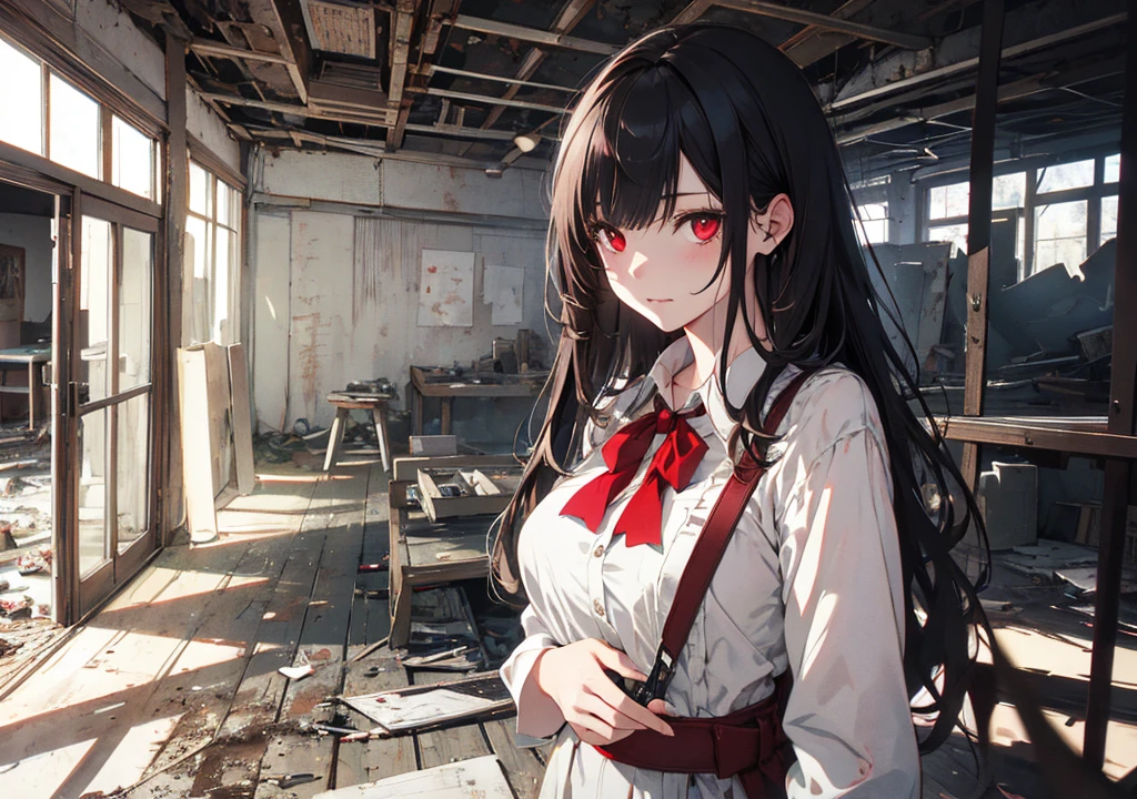 Realistic photos, Focus distance 10mm, Red and white, Beautiful girl, Realistic photos, Shooting at Focus distance 10mm, masterpiece, 最high quality, high quality, Very detailed CG 8k wallpaper unit, Award-winning photography, Depth of written boundary, High resolution, bloom, chromatic aberration, Realistic, Very detailed, Art Station Trends, CGsociety Trends, Complex, High detail, dramatic, Art on the go, volumetric lighting, Beautiful girl surrounded by zombie in an abandoned hotel, with red eyes, black hair, and a spooky vibe