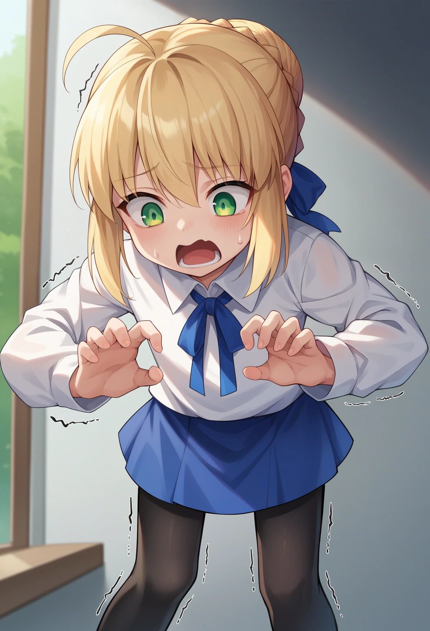 score_9,score_8_up,score_7_up, 1girl, solo, (loli), ???, flat chest, character: artoria_pendragon_(fate), character: saber_(fate), green_eyes, hair_between_eyes, blonde_hair, short_hair, single_hair_bun, ahoge, braid, braided_bun, hair_bun, hair_ribbon, sidelocks, shirt, white_shirt, blue_ribbon, long_sleeves, ribbon, single closed eye, blue_skirt, (black pantyhoses), shocking, shocked face, screaming, stiff hands, oversized shirt,, shaking, leaning, forward, sweating, standing, looking down, indoor, bedroom, from frontal