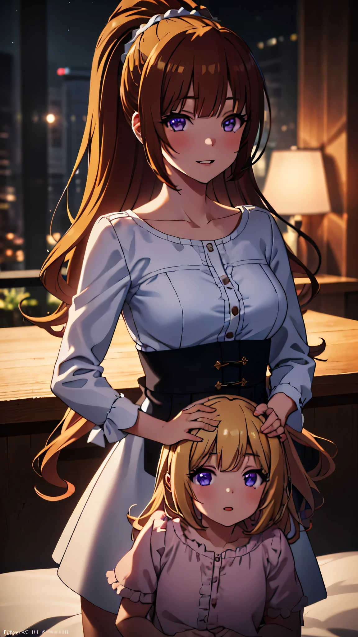 (masterpiece, best quality, absurdres), high quality, highres, ultra detailed, intricate, cinematic lighting, wallpaper, soft lighting, night, night light, cowboy shot, full shot, looking at viewer, beautiful woman, parted lips, kei Karuizawa, blonde hair, bangs, long ponytail , detailed violet eyes, ((Super Realistic Detailed Eyes, glowing eyes)), (((2girls, mother and daughter))), hugging her daughter, smile, positive vibes, Large smile, daughter has red hair and red eyes