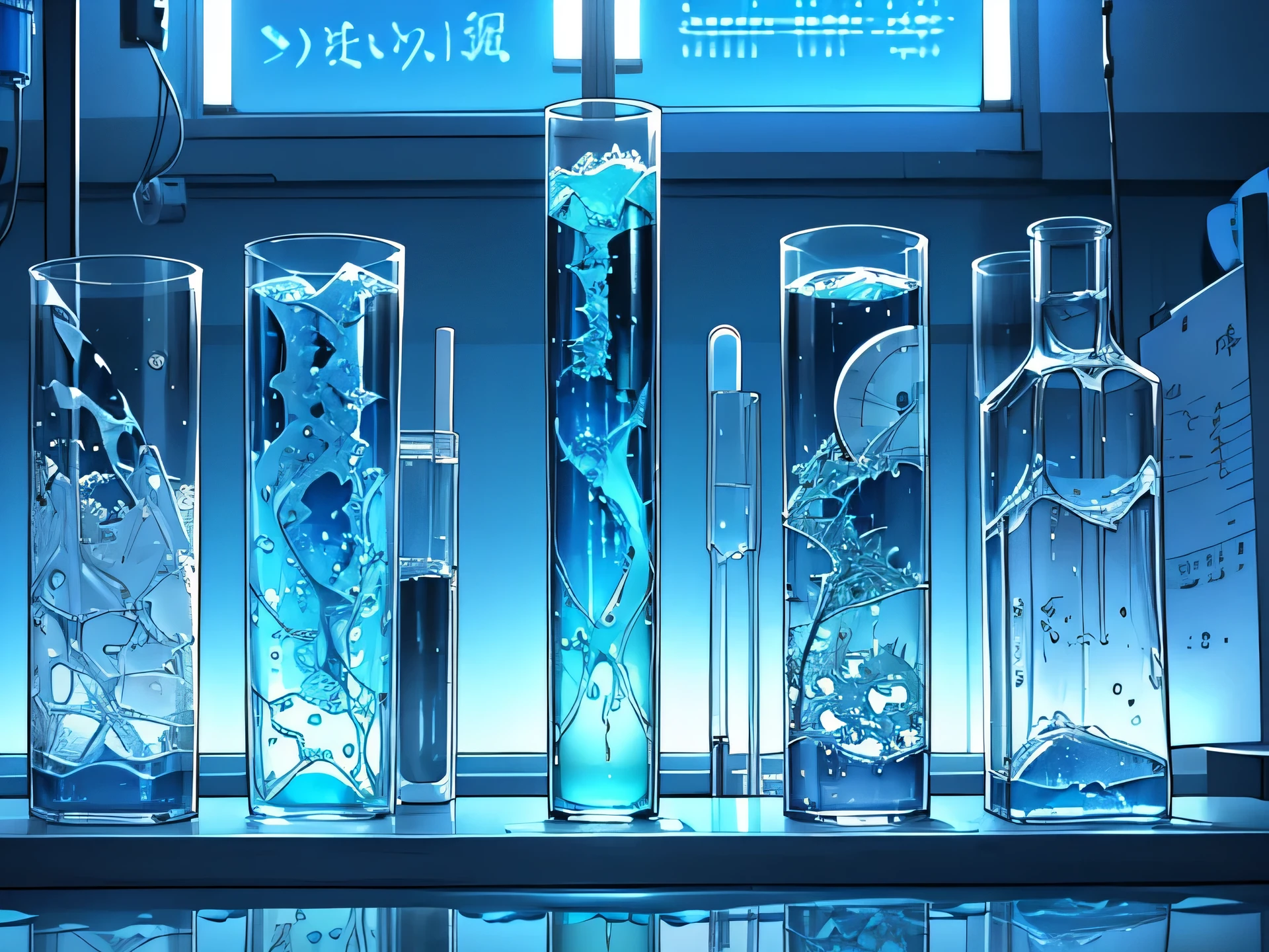 Close up of a medical test tube with blue, like water in the sea, liquid inside, standing on a table in a school laboratory, Numerous sheets of notes and formulas are scattered around, Anatomical atlases, other test tubes. School laboratory window in the background. anime style