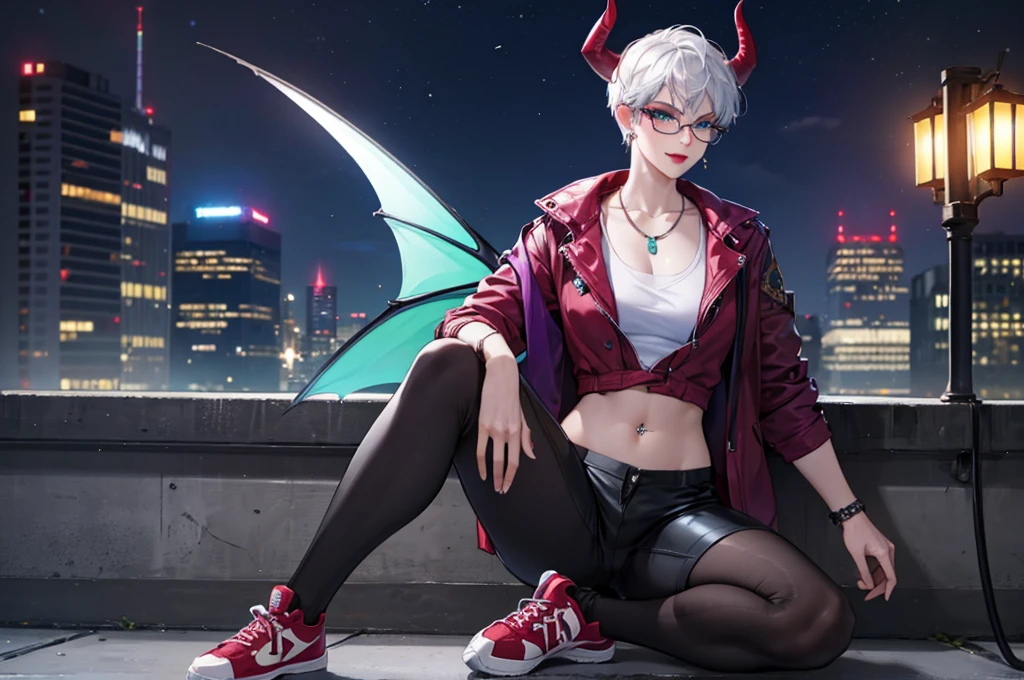 8k, masterpiece, best quality, highly detailed, 1 girl, tiefling, warlock, pixie cut, multicolored hair, very short straight hair green highlight hair on white hair, strippled hair, wearing glasses, round glasses, sexy, earrings, navel piercing, red eyeshadow, long eyelashes, blushed cheek, red lips, necklace, rings, collarbone, mole on face, glamorous, wearing large jacket, teal clothing, purple clothes, smirk, fullbody view, rings, looking at viewer, demon horns, solo, city, nighttime, sitting, white shirt, sneakers,, short pants, black legging, athletic.