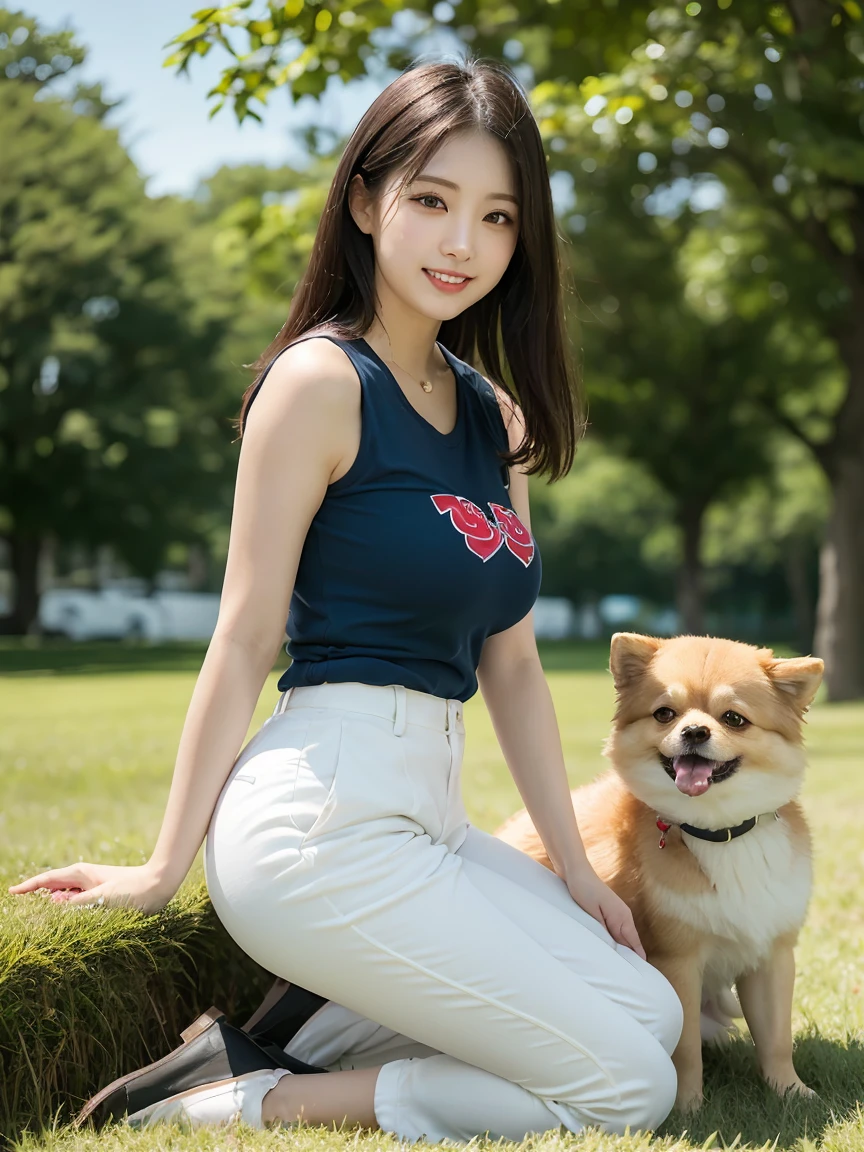 Tabletop, Highest quality, Realistic, In detail, High resolution, 8k wallpaper, Perfect dynamic composition, Beautiful attention to detail, (Biologically Correct Limbs, refer, nail), Medium Hair, Shiny Hair, Big ample breasts, Random Pause、(retro color, Cute Sleeveless T-Shirts, Cute Chino Pants)、Cute Pumps, (Breast bulge:1.3)、Laughter、（Park scenery、Grass), sunny, Sitting, girl, 23 years old, only, (Droopy eyes)、Adult Beauty、Japanese women、(dogと散歩, dog, Pomeranian, 小型dog), dogを見て, Side view,