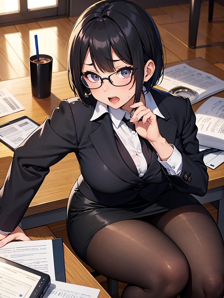 masterpiece, best quality, high definition images, atmospheric perspective, expressive eyes, perfect face, ultra detailed, solo, 1mature seductive woman lying back sprawled down on desk, ashamed, shy, look ecstasy, panic situation, pinup, sexy pose, alluring pose, black short bob hair, simple glasses, female teacher, black short bob hair, simple glasses, business suit, jacket, blouse, pencil skirt, tight mini skirt, lifting skirt, black panties, curvy, thighs, pantyhose, high heals, spread legs, open mouth, sweaty, from above, in study room,
