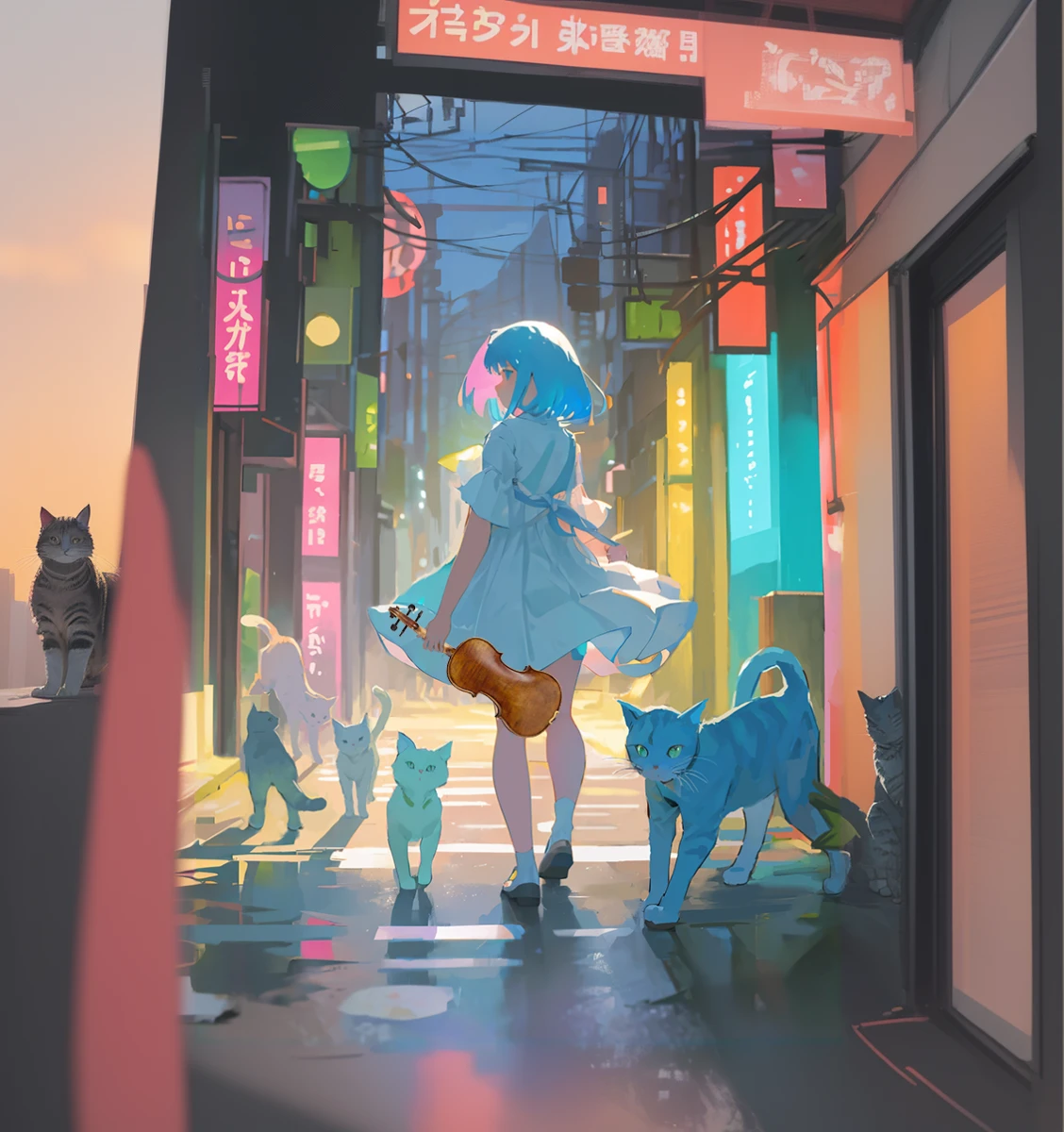 Anime girl with a guitar and cats walks down the street, anime style 4 k, anime cat girl, anime style illustration, Nothing, lofi girl, beautiful anime cat girl, anime style. 8 K, anime art wallpaper 8k, work in Guweiz style, Очень красивая anime cat girl, anime styled digital art, in the style of Ross Tran