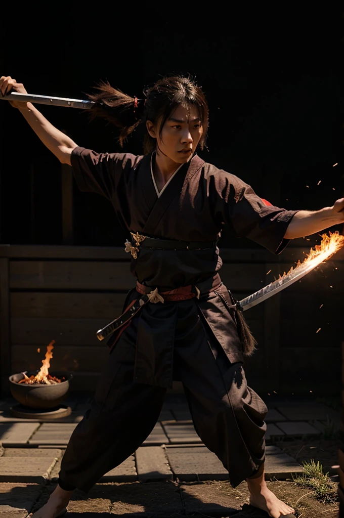 make an animated samurai video with a fire katana sword effect and have 3 shadows with the latest moves