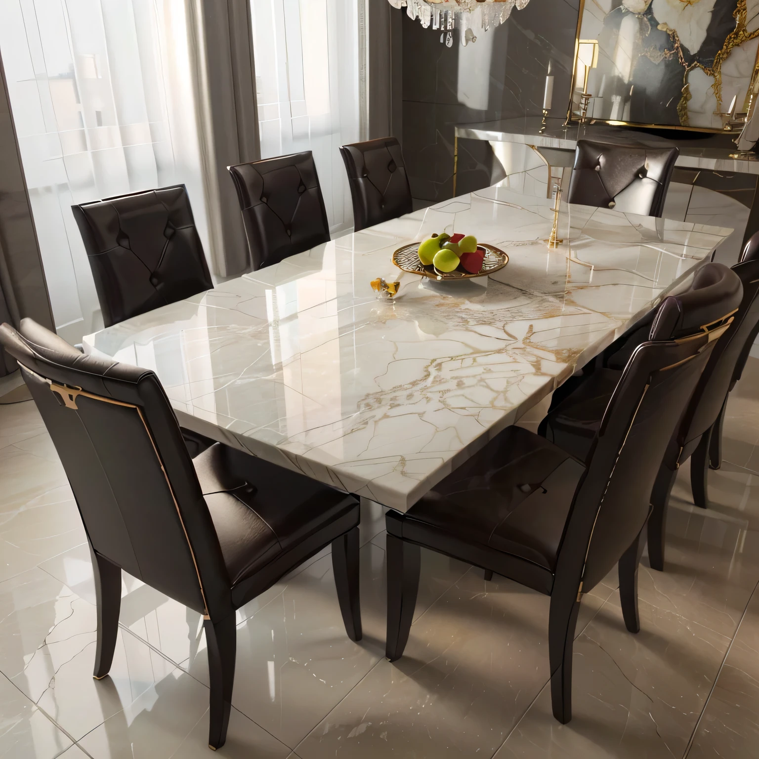 there is a marble table with chairs and a bowl of fruit on it, marble table, elegant render, dinner table, dining table, highly detailed render, photo realistic render, exquisite marble details, fully detailed render, high quality render, stone table, very realistic 3 d render, very realistic render, rendered in corona, highly detailed marble cloth, realistic render, high quality rendering, dining table, dining chairs