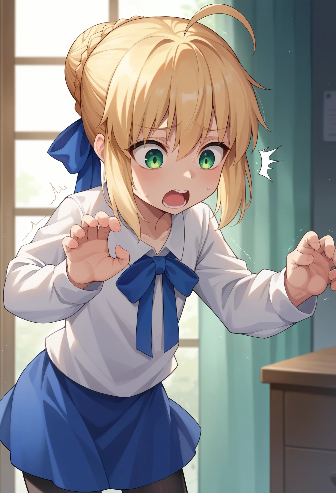 score_9,score_8_up,score_7_up, 1girl, solo, (****), kid, flat chest, character: artoria_pendragon_(fate), character: saber_(fate), green_eyes, hair_between_eyes, blonde_hair, short_hair, single_hair_bun, ahoge, braid, braided_bun, hair_bun, hair_ribbon, sidelocks, shirt, white_shirt, blue_ribbon, long_sleeves, ribbon, single closed eye, blue_skirt, (black pantyhoses), shocking, shocked face, screaming, stiff hands, oversized shirt,, shaking, leaning, forward, sweating, standing, looking down, indoor, bedroom, from frontal