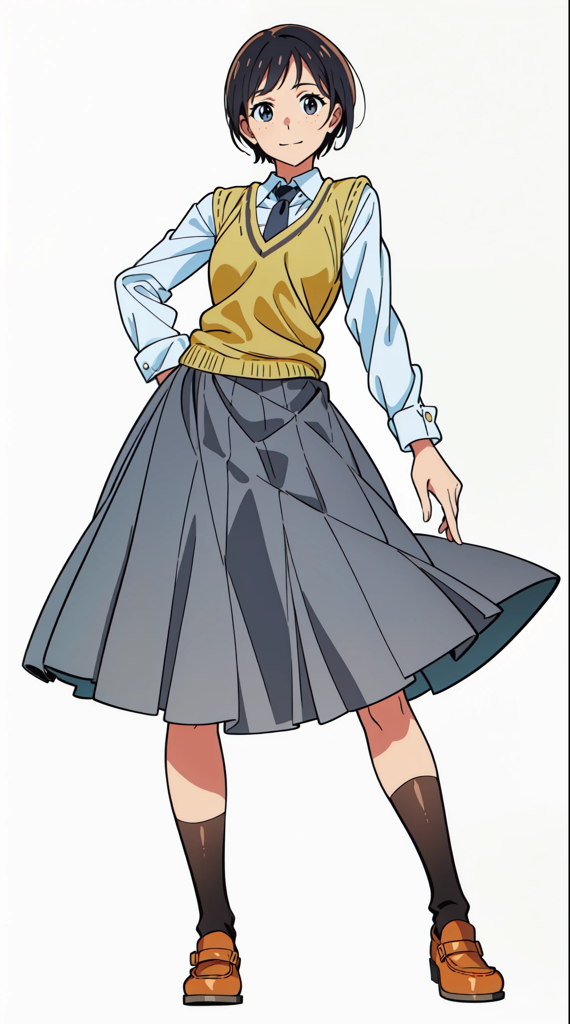 (white background:1.0), (best quality:1.0), (masterpiece:1.0), (super fine illustration:1.0), (beautiful artwork:1.0), (anime screencap:1.0), (official art:1.0), (solo:1.0), (a 20yo cute girl:1.0), (long skirt:1.0), (gray skirt:1.0), (pleated skirt:1.0), (khaki knit vest:1.0), (white long sleeve collared shirt:1.0), (dark blue necktie:1.0), (loafers:1.0), (black socks:1.0), (ideal ratio body proportions:1.0), (lanky:1.0), (tall:1.0), (slender:1.0), (small breasts:1.0), (smaller face:1.0), (freckles:1.0), (cheerful:1.0), (detailed beautiful eyes:1.0), (detailed beautiful face:1.0), (glowing black eyes:1.0), (very short hair:1.0), (swept bangs:1.0), (black hair:1.0), (standing:1.0), (looking at viewer:1.0)