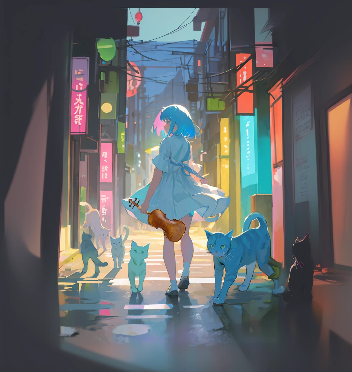 Anime girl with a guitar and cats walks down the street, anime style 4 k, anime cat girl, anime style illustration, Nothing, lofi girl, beautiful anime cat girl, anime style. 8 K, anime art wallpaper 8k, work in Guweiz style, tokyo city, night city, Neon Signs, anime styled digital art, in the style of Ross Tran