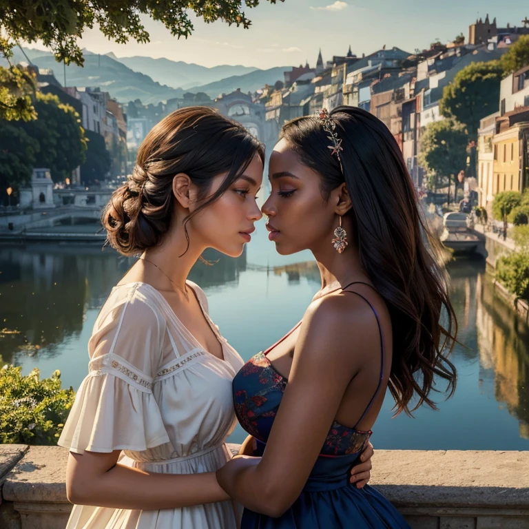 (masterpiece, best quality:1.5), highest quality, High resolution, super detailed, Realists, Full body photo of woman, dark skin detailed and beautiful eyes, beautiful detailed lips, very detailed eyes and face, longeyelashes, Woman in red and blue summer dress, Falltrock. Beautiful and colorful makeup, elegant and noble々The Juwelen bag, Gardens as background, soft daylight, bright colors, fine brushstrokes, Portrait style, Silk dress fabric, beautiful color palette, glowing skin, First-class rendering, that captures every detail, enchanting atmosphere, subtle shadows and lights, (perfect anatomy:1.2), (Two stunning women are deeply in love:1.4), (kiss:1.2), (magnificent panorama view:1.2)
