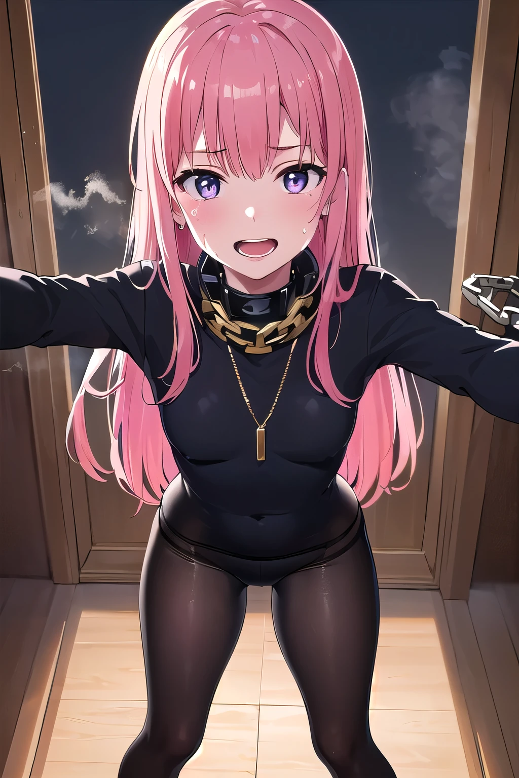 (8K, top-quality, masterpiece:1.2), (reallistic, Photorealsitic:1.37), Super Detail, One girl,), (Highly detailed), (beautifully detailed eyes), (of the highest quality), (super detailed ), (masterpiece), (Detailed face),20yr old, ,1 girl, ((pink hair,long hair)), medium breasts, clothed, Perfect Lighting, BREAK (black glossy tight turtleneck underwear :1.3), long sleeves, (soft fabric:1.1), (smooth texture:1.1), (black glossy tights:1.3), (thick opaque:1.1), (simple and chic:1.1), (all black cloth:1.5), (gold chain necklace:1.1), (small diamond studs:1.1), BRAKE, (upper body to thighs:1.1), (pink long hair:1.2), (smiling:1.1), (hands on collar:1.1), (one foot forward:1.1), (white background:1.1), (bright lighting:1.1), BRAKE (sweat:1.5), (steam:1.2), (masturbation:1.2), (girl trembling with sexual climax:1.1), (looking at viewer:1.3), (open mouth:1.2), (Chains that cling to the body: 1.2), (Collar: 1.3), (Bracelet: 1.3)