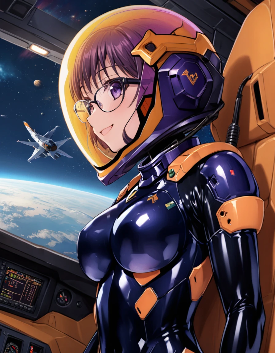 ((Female pilot in the cockpit of a reconnaissance plane), (airplane cockpit), (in flight), (10000 feet altitude)、(sky view):1.7),, short hair, street, emo, PINK hair, white eyes, eyeliner, apocalypse, girl, nside the (cockpit:1.9) of a (futuristic spaceship:1.6), , blush,sitting on a chair, covered navel, space helmet, muvluv, space helm, plug suit , space helmet, eva helm, space suit, short hair, from side, SMILE, GLASSES, FULL BODY