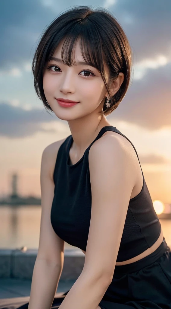 (highest quality,8K quality,masterpiece:1.3),(ultra high resolution,photorealistic:1.4,Live shooting),(Super detailed,caustics,detailed background),(ultra-realistic capture,Beautifully detailed skin,perfect anatomy), at dusk,sunset sky.
1girl, 22-year-old,super cute, Super duper good face,
single eyelid,black short BOB Hair, sexy ponytail, flirting at the camera,dress with frillini-skirt with huge impact、her thighs are emphasize to highlight the importance of 、a kind smile,bust up shot,Natural light, bokeh, SFW)