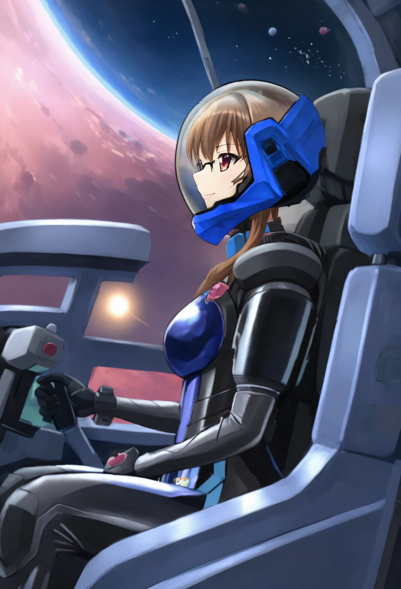 ((Female pilot in the cockpit of a reconnaissance plane), (airplane cockpit), (in flight), (10000 feet altitude)、(sky view):1.7),, short hair, street, emo, PINK hair, white eyes, eyeliner, apocalypse, girl, nside the (cockpit:1.9) of a (futuristic spaceship:1.6), , blush,sitting on a chair, covered navel, space helmet, muvluv, space helm, plug suit , space helmet, eva helm, space suit, short hair, from side, SMILE, GLASSES, FULL BODY