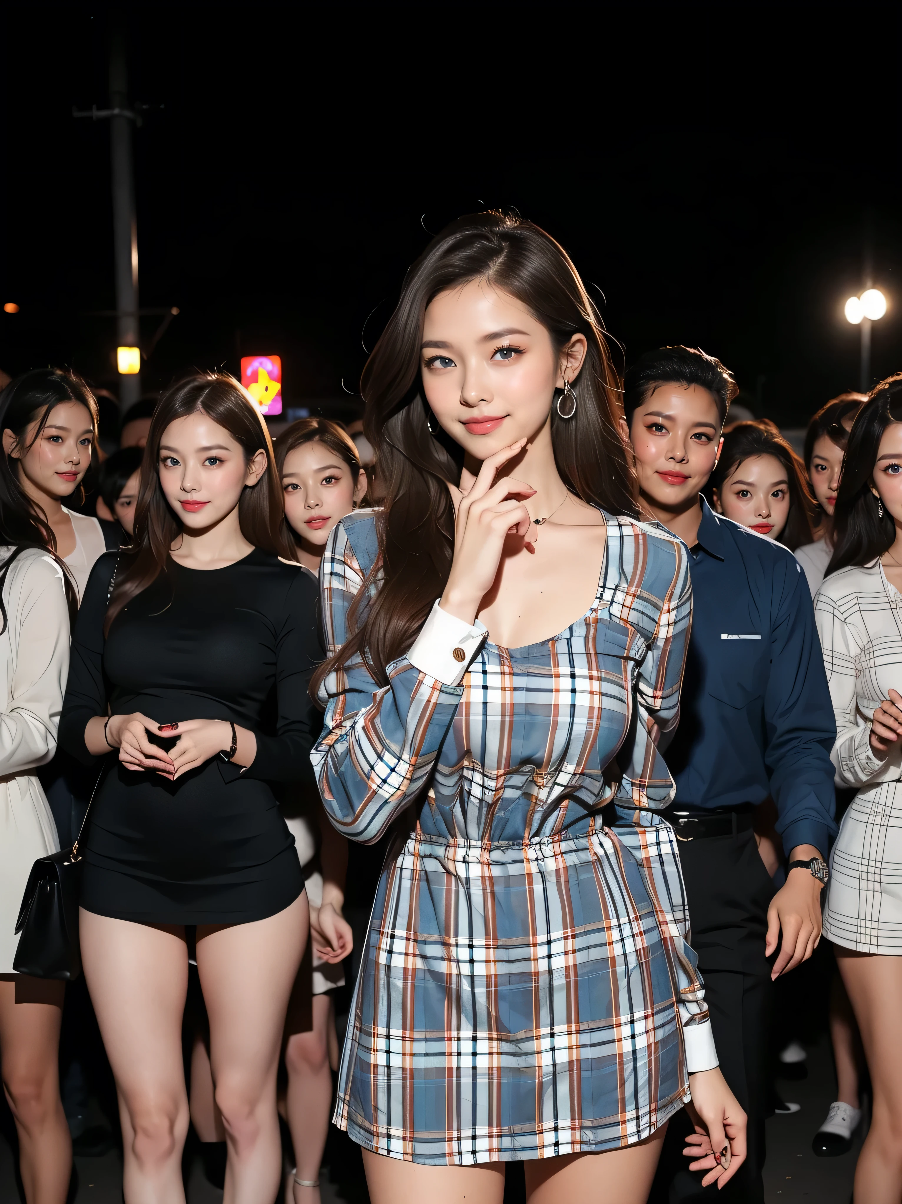 (masterpiece, Highest quality:1.2), One Girl, alone, whole body, Big Breasts,, Brown Hair,Big Breasts, Blue eyes, Mature Woman, whole body, Blonde, lipstick, ((Complex and bold plaid mini dresses_Long sleeve_Thin:1.3))(masterpiece, Highest quality:1.2), One Girl, alone, whole body, Big Breasts, Brown Hair,Big Breasts, Brown eyes, Mature Woman, whole body, Brown Hair, lipstick, , zettai ryouiki, Exposing your thighs, White skin, Super long blonde hair,Hair with loose waves inside,reaching down to the waist,((A shy smile:1.3)),((in the crowd at night))、standing gracefully、((Place your left hand gently on your chin:1.3))、full figure supermodel standing, entire body in frame、In front of the stand microphone、singing