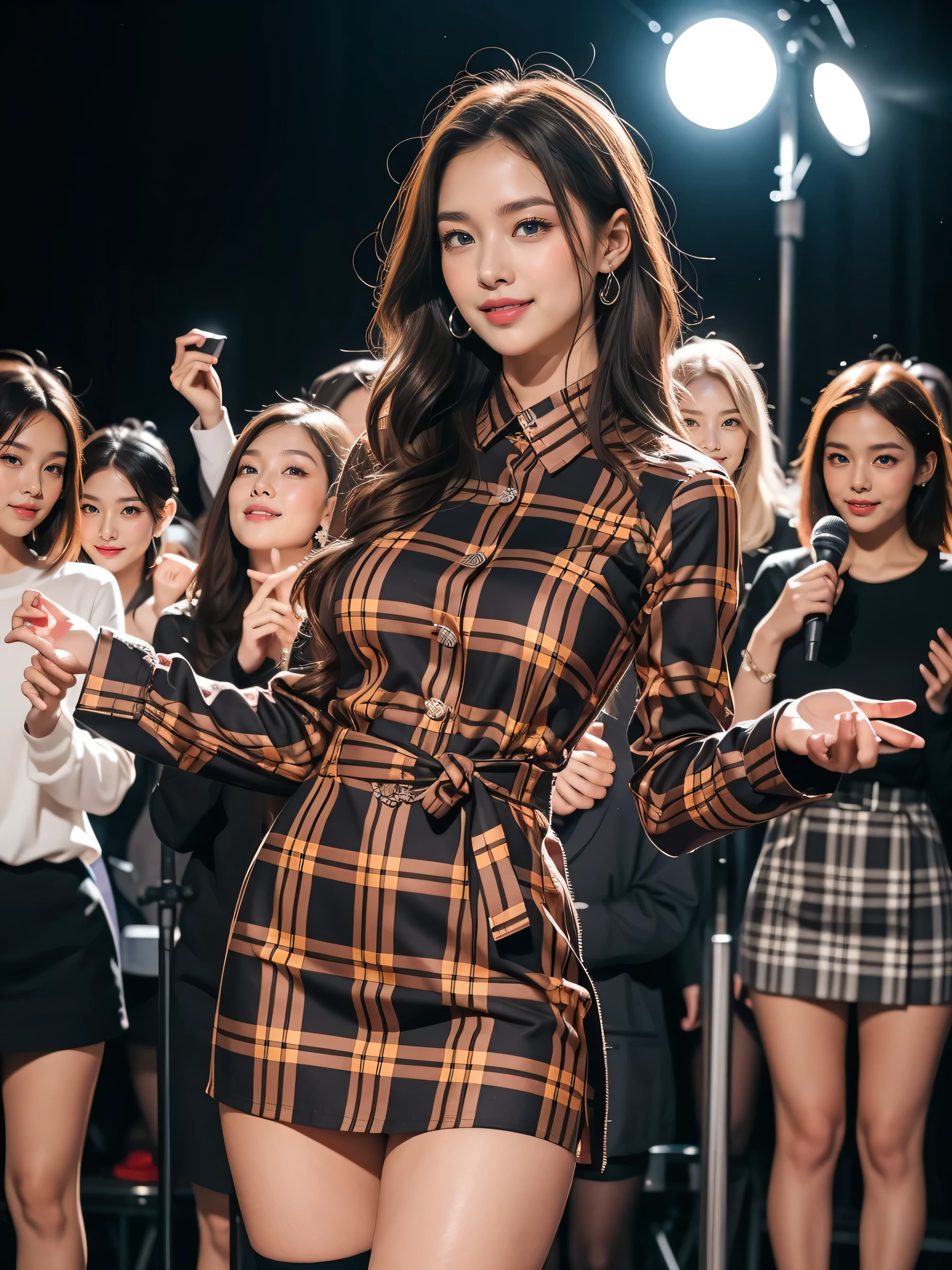 (masterpiece, Highest quality:1.2), One Girl, alone, whole body, Big Breasts,, Brown Hair,Big Breasts, Blue eyes, Mature Woman, whole body, Blonde, lipstick, ((Complex and bold plaid mini dresses_Long sleeve_Thin:1.3))(masterpiece, Highest quality:1.2), One Girl, alone, whole body, Big Breasts, Brown Hair,Big Breasts, Brown eyes, Mature Woman, whole body, Brown Hair, lipstick, , zettai ryouiki, Exposing your thighs, White skin, Super long blonde hair,Hair with loose waves inside,reaching down to the waist,((A shy smile:1.3)),((in the crowd at night))、standing gracefully、((Place your left hand gently on your chin:1.3))、full figure supermodel standing, entire body in frame、In front of the stand microphone、singing