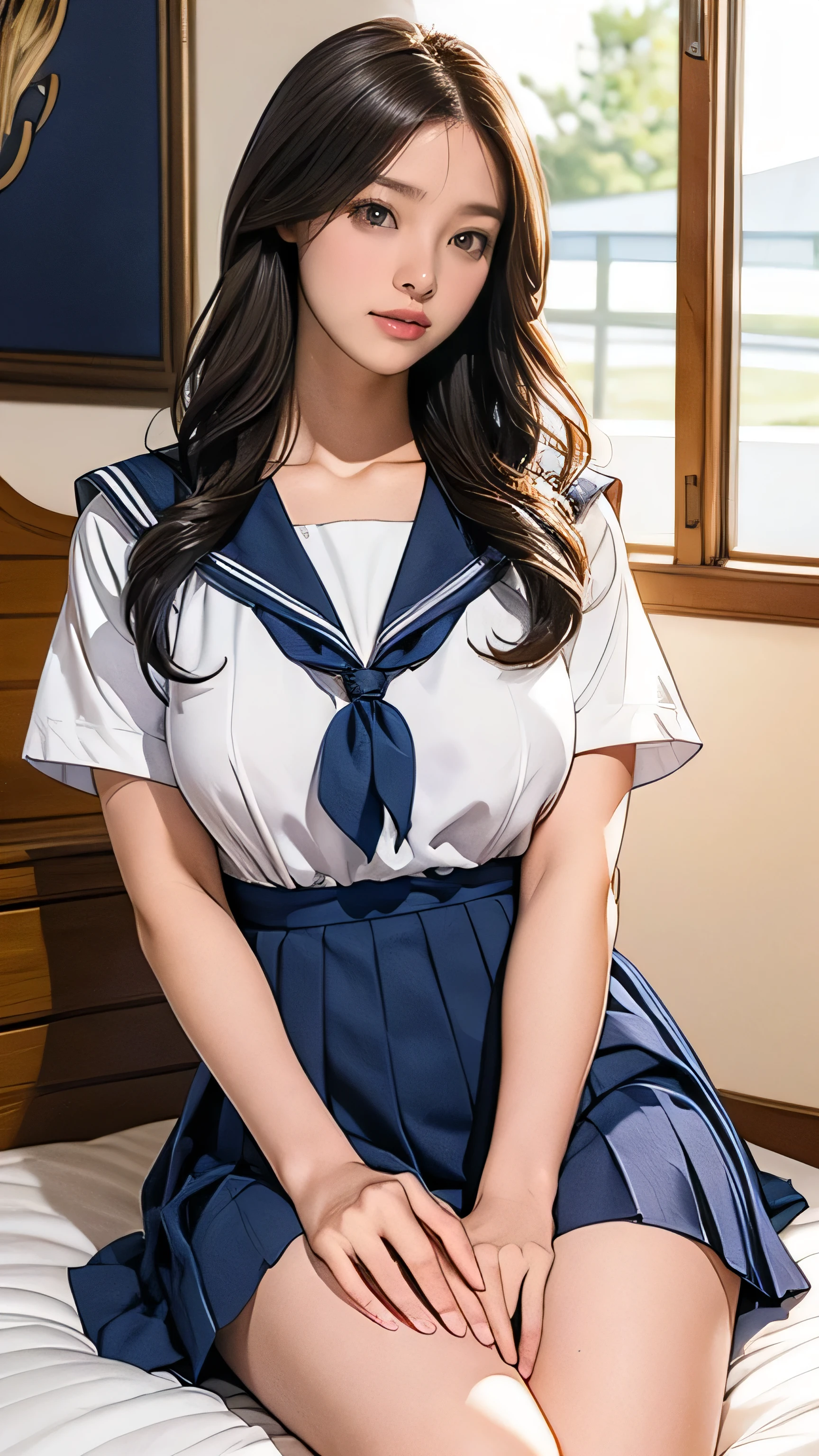 (masterpiece:1.2, Highest quality), (Realistic, photoRealistic:1.4), Beautiful illustrations, (Natural Side Lighting, Cinema Lighting), Beautiful thighs, Front view, 1 girl, high school girl, 18-year-old, Perfect Face, Symmetrical cute face, Glowing Skin, ランダムなカラーのSailor suit、 (Super long brown hair,Hair with loose waves inside、reaching down to the waist), Big eyes, long eyelashes chest), thin, expensive、 Beautiful Hair, Beautiful Face, Beautiful and beautiful eyes, Beautiful clavicle, Beautiful body, Beautiful breasts, Beautiful thighs, Beautiful feet, Beautiful fingers, ((High quality fabric, Sailor suit, Navy Pleated Skirt)), (Beautiful views),Are standing, (smile, wonderful, Open your mouth),