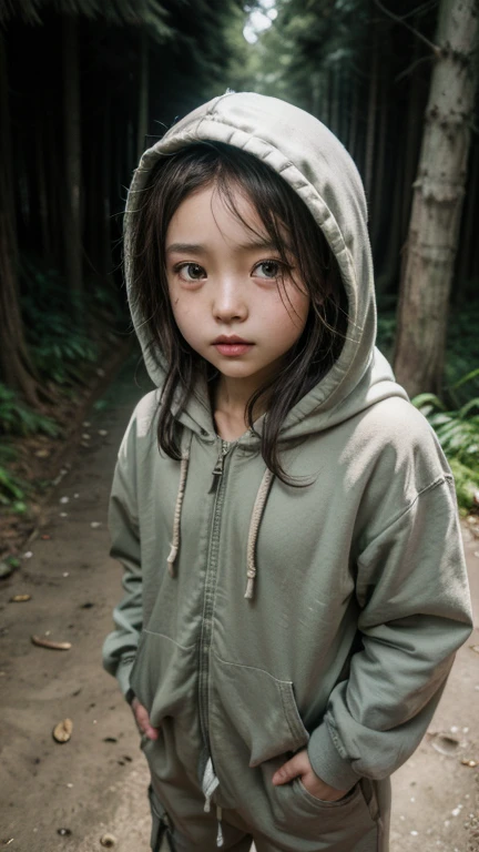 7 Asian girl, afro long light brown hair, skin tanned, with freckles, gray eyes, wearing light green hooded sweatshirt, black cargo pants, at the forest, with a bandage covering his right eye