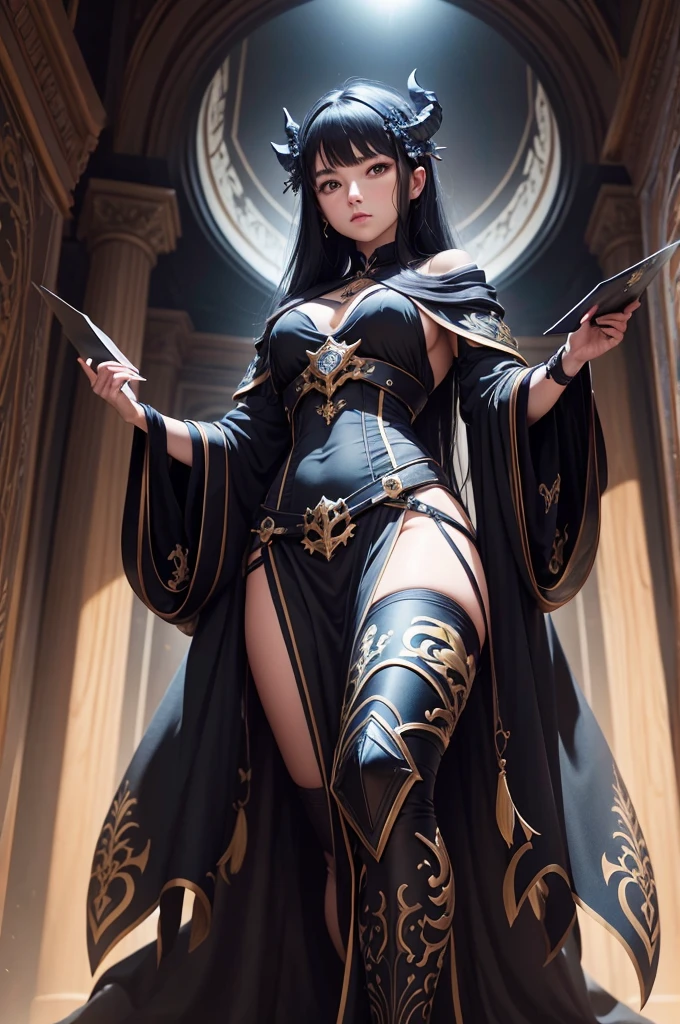 Fantasy universe sorceress Italian girl, very long loose black hair, fantasy dress, silver dagger