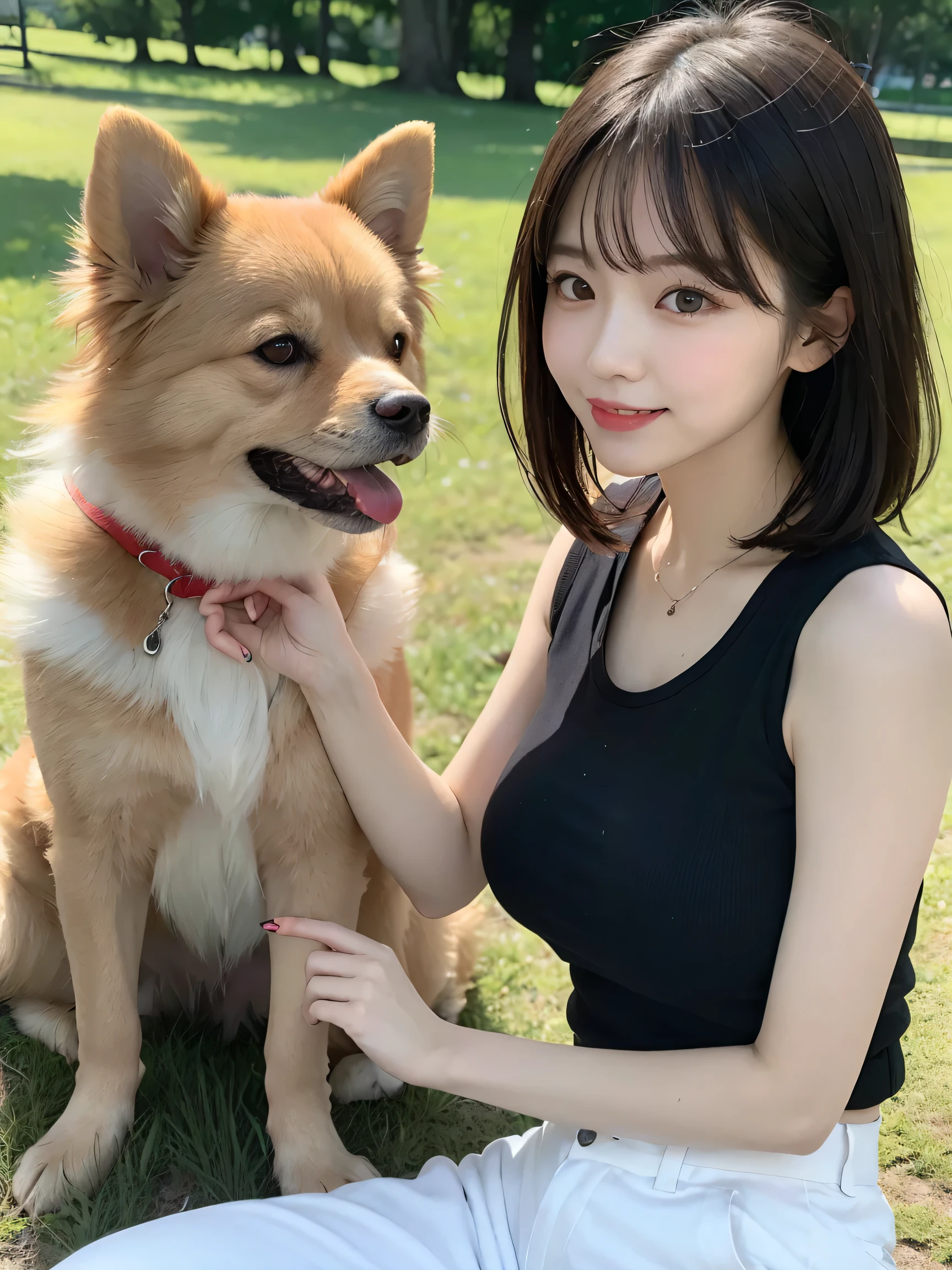 Tabletop, Highest quality, Realistic, In detail, High resolution, 8k wallpaper, Perfect dynamic composition, Beautiful attention to detail, (Biologically Correct Limbs, refer, nail), short hair, Shiny Hair, Big ample breasts, Random Pause、(retro color, Cute Sleeveless T-Shirts, Cute Chino Pants)、Cute Pumps, (Breast bulge:1.3)、Laughter、（Park scenery、grass), sunny, Sitting, girl, 23 years old, only, (Droopy eyes)、Adult Beauty、Japanese women、(Walking with dog, dog, Pomeranian, Small dog), Look at the dog, Side view,