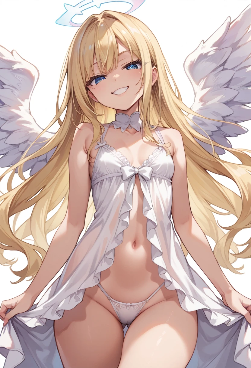 Score_9, score_8_up, 4k, 8k, detailed face, source_anime, smug angel girl with small breasts, pretty girl, thick thighs, blonde hair, long hair, (butakoma 300g), angel wings, white outfit, white babydoll, thong,