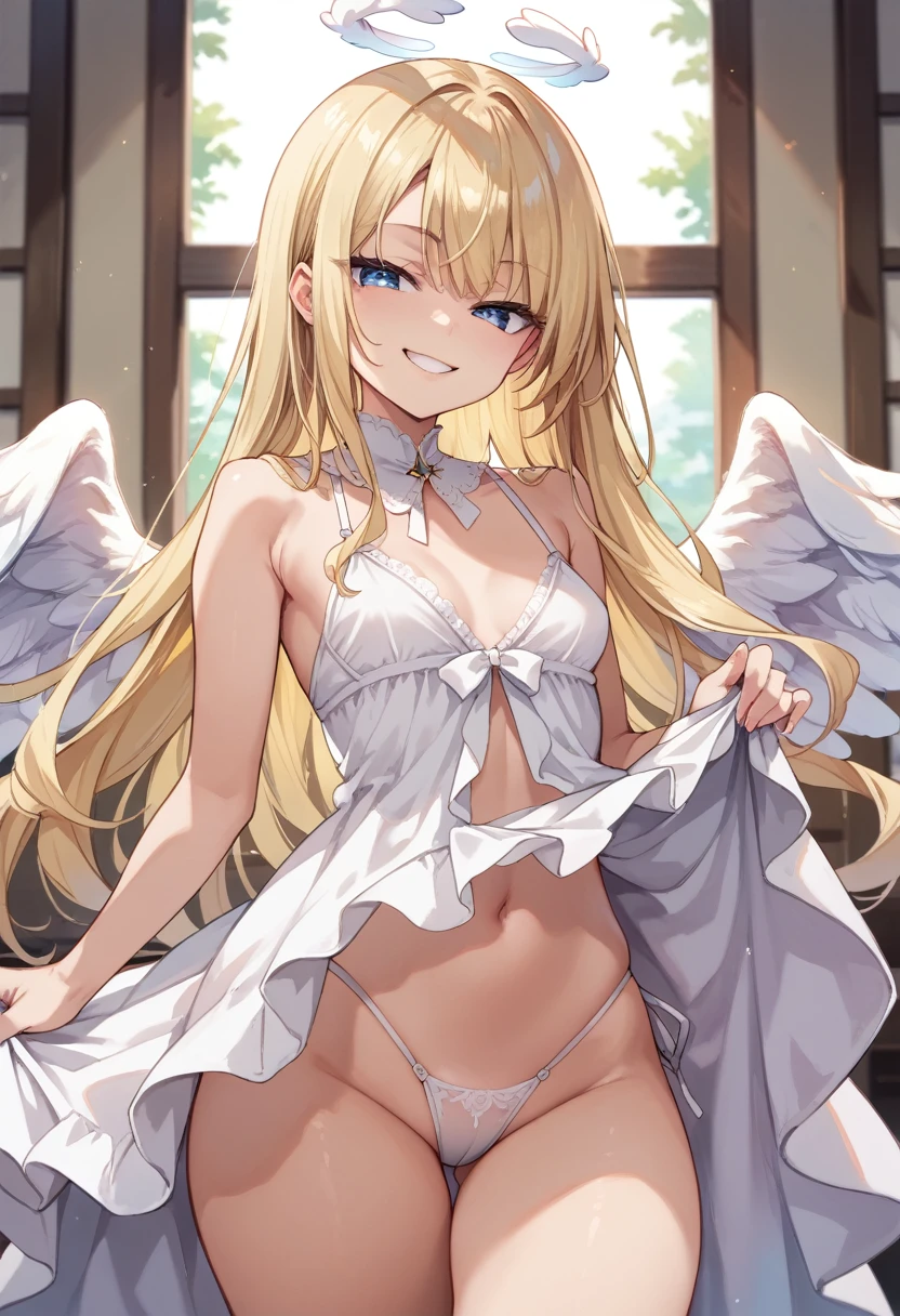 Score_9, score_8_up, 4k, 8k, detailed face, source_anime, smug angel girl with small breasts, pretty girl, thick thighs, blonde hair, long hair, (butakoma 300g), angel wings, white outfit, white doll, thong,