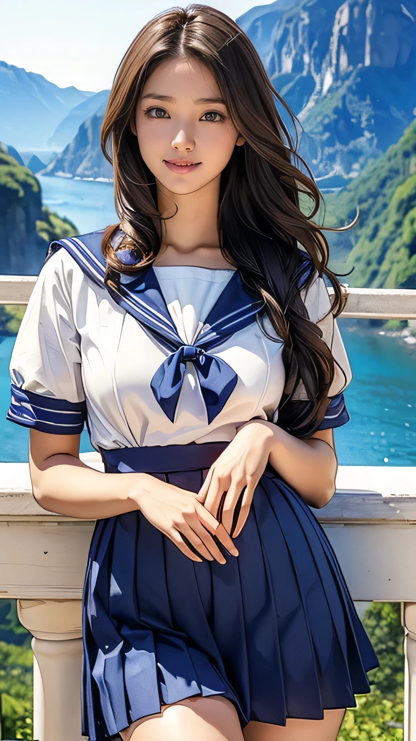 (masterpiece:1.2, Highest quality), (Realistic, photoRealistic:1.4), Beautiful illustrations, (Natural Side Lighting, Cinema Lighting), Beautiful thighs, Front view, 1 girl, high school girl, 18-year-old, Perfect Face, Symmetrical cute face, Glowing Skin, ランダムなカラーのSailor suit、 (Super long brown hair,Hair with loose waves inside、reaching down to the waist), Big eyes, long eyelashes chest), thin, expensive、 Beautiful Hair, Beautiful Face, Beautiful and beautiful eyes, Beautiful clavicle, Beautiful body, Beautiful breasts, Beautiful thighs, Beautiful feet, Beautiful fingers, ((High quality fabric, Sailor suit, Navy Pleated Skirt,No chest pad、I can see the valley)), (Beautiful views),Are standing, (smile, wonderful, Open your mouth),