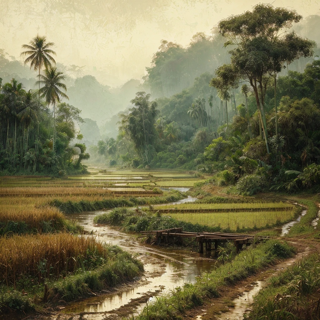 Oil paint splattered era 1960, a view of rice fields, dirt road, distant hill background, forest, coconut tree, and bamboo trees, there is grass,check,The river flows calmly and there is a wooden bridge,ferns plant, foggy morning,naturalism,Realism,very dull canvas, Affandi style, Oil paint splashes are intuitive