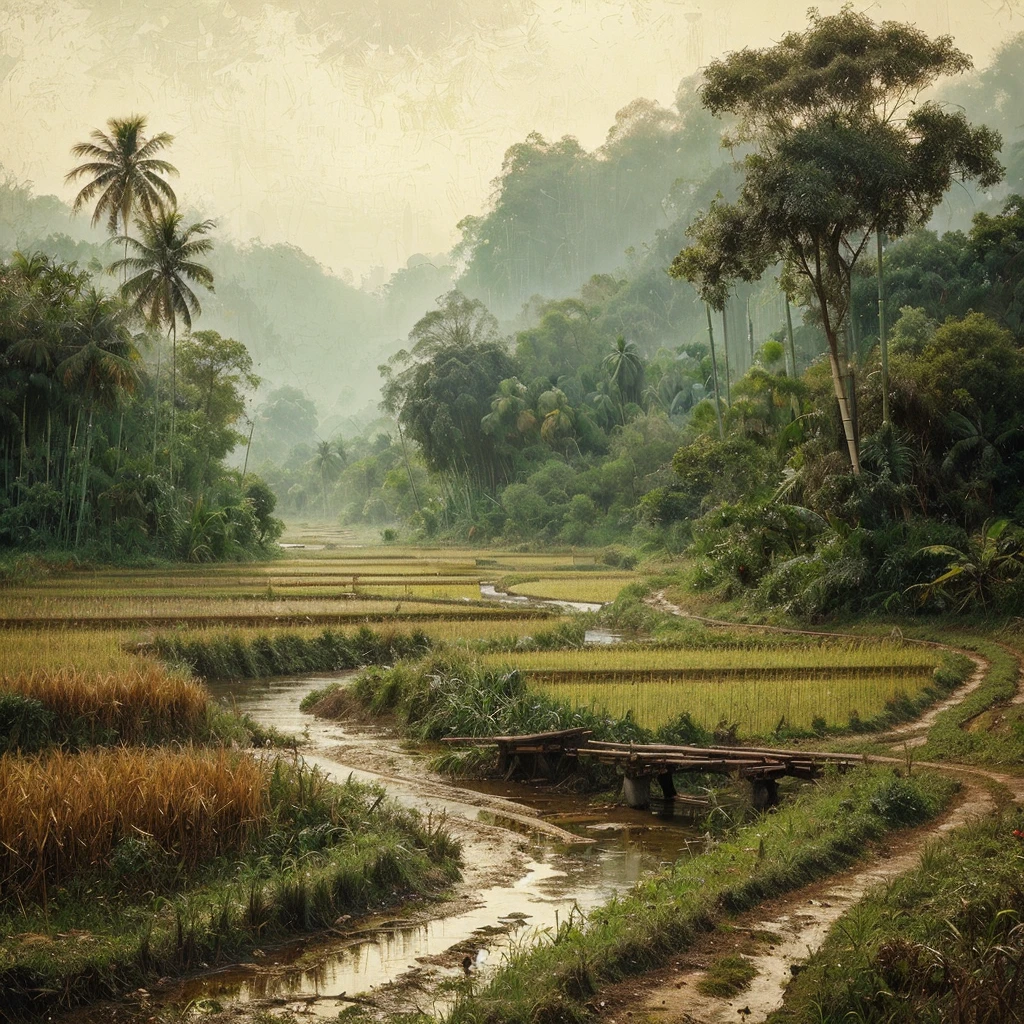 Oil paint splattered era 1960, a view of rice fields, dirt road, distant hill background, forest, coconut tree, and bamboo trees, there is grass,check,The river flows calmly and there is a wooden bridge,ferns plant, foggy morning,naturalism,Realism,very dull canvas, Affandi style, Oil paint splashes are intuitive