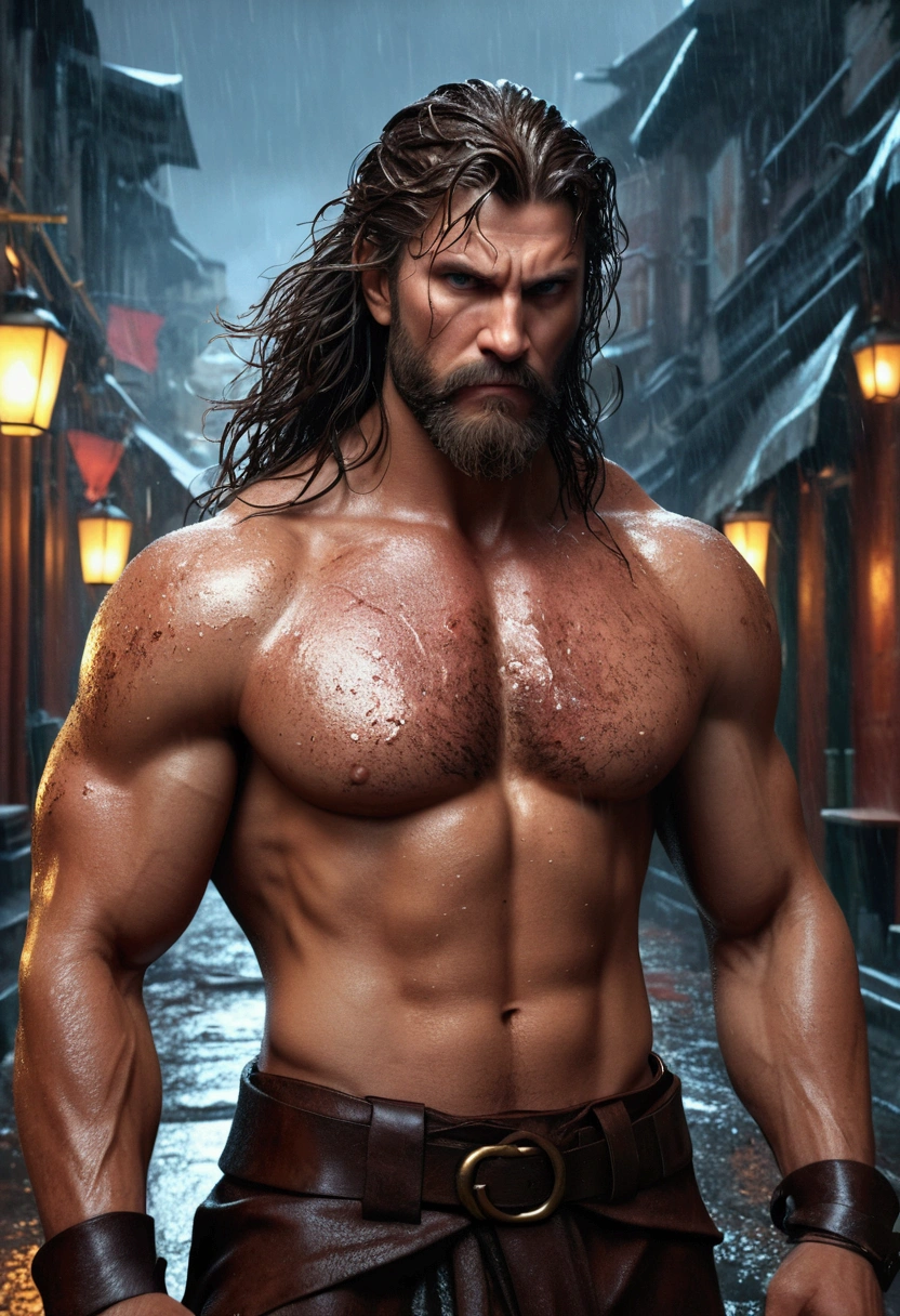 (professional 3d render:1.3) of (Realistic:1.3) The most beautiful artistic photo in the world,soft features, Smart male hero, ((Epic hero fantasy rough muscular man wet hero angry looks long hair, Intense expression of short beard and dynamic pose, Fantastic location, Majestic and cluttered environment)), Full body 8k unit rendering, action shot, skin pore, very dark lighting, heavy shading, A detailed, Detail Make, (vibration, Realistic photography, Realistic, Dramatic, darkly, sharp focus, 8k), (Old leather clothing damaged due to bad weather:1.4), ((((Use skins)))), (complex:1.4), decadent, (highly detailed:1.4), digitial painting, rendering by octane, art stations, concept-art, smooth ass, sharp focus, illustration, From the budding of art, (loish:0.23), wlop ilya kuvshinov, and Greg Rutkowski and Alphonse Mucha Gracias, (global ilumination, studiolight, Amount of light), very heavy rain, Floating particles, lotr, fanciful, we, Wholeesbian body, ((Dark and ancient city background:1.3)),CGSesocieda,art stations,Covered in blood and wounds sucking his dick