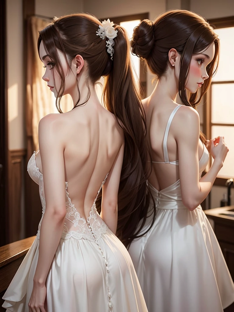 Woman long brown hair ponytail, very pale, naked, backwards, Wedding dress