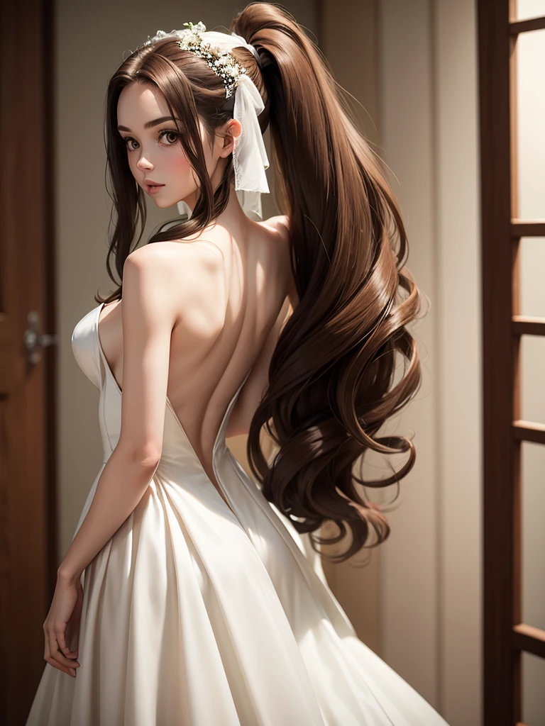Woman long brown hair ponytail, very pale, naked, backwards, Wedding dress
