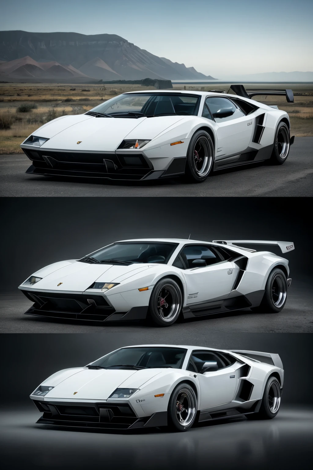 Draw a fusion of a White Lamborghini Countach and a Pickup in 3 frames, capturing the unique blend of elegance and utility:

1. Front View: Witness the captivating fusion as the White Lamborghini Countach's iconic wedge-shaped hood and angular bodylines meet the robust front end of a classic Pickup. The Countach's signature scissor doors remain untouched, while a sturdy grille and powerful headlights mark the Pickup's presence.

2. Side View: From this angle, the harmony between two contrasting worlds becomes more evident. The sleekCountach's aerodynamic curves seamlessly merge with