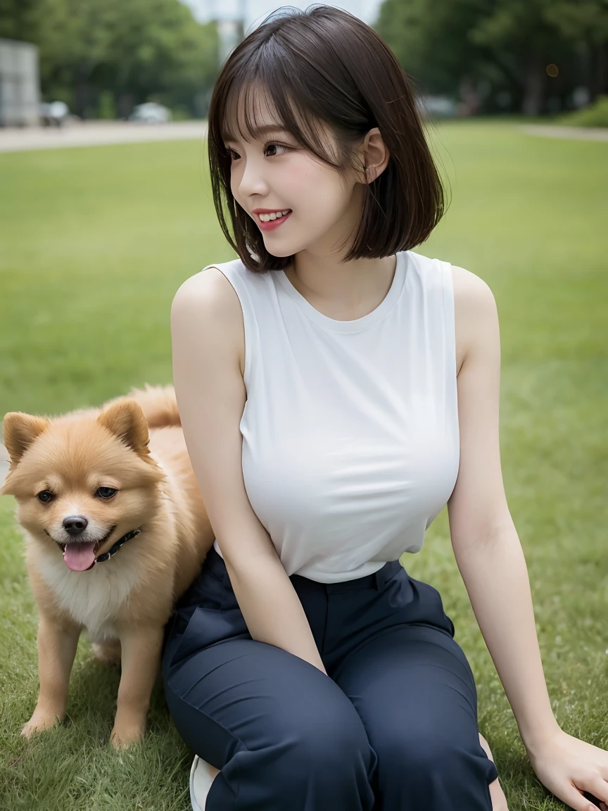 Tabletop, Highest quality, Realistic, In detail, High resolution, 8k wallpaper, Perfect dynamic composition, Beautiful attention to detail, (Biologically Correct Limbs, refer, nail), short hair, Shiny Hair, Big ample breasts, Random Pause、(retro color, Cute Sleeveless T-Shirts, Cute Chino Pants)、Cute Pumps, (Breast bulge:1.3)、Laughter、(Park scenery、Grass), sunny, Sitting, girl, 23 years old, only, (Droopy eyes)、Adult Beauty、Japanese women、(dogと散歩, dog, Pomeranian, 小型dog), dogを見て, Side view,
