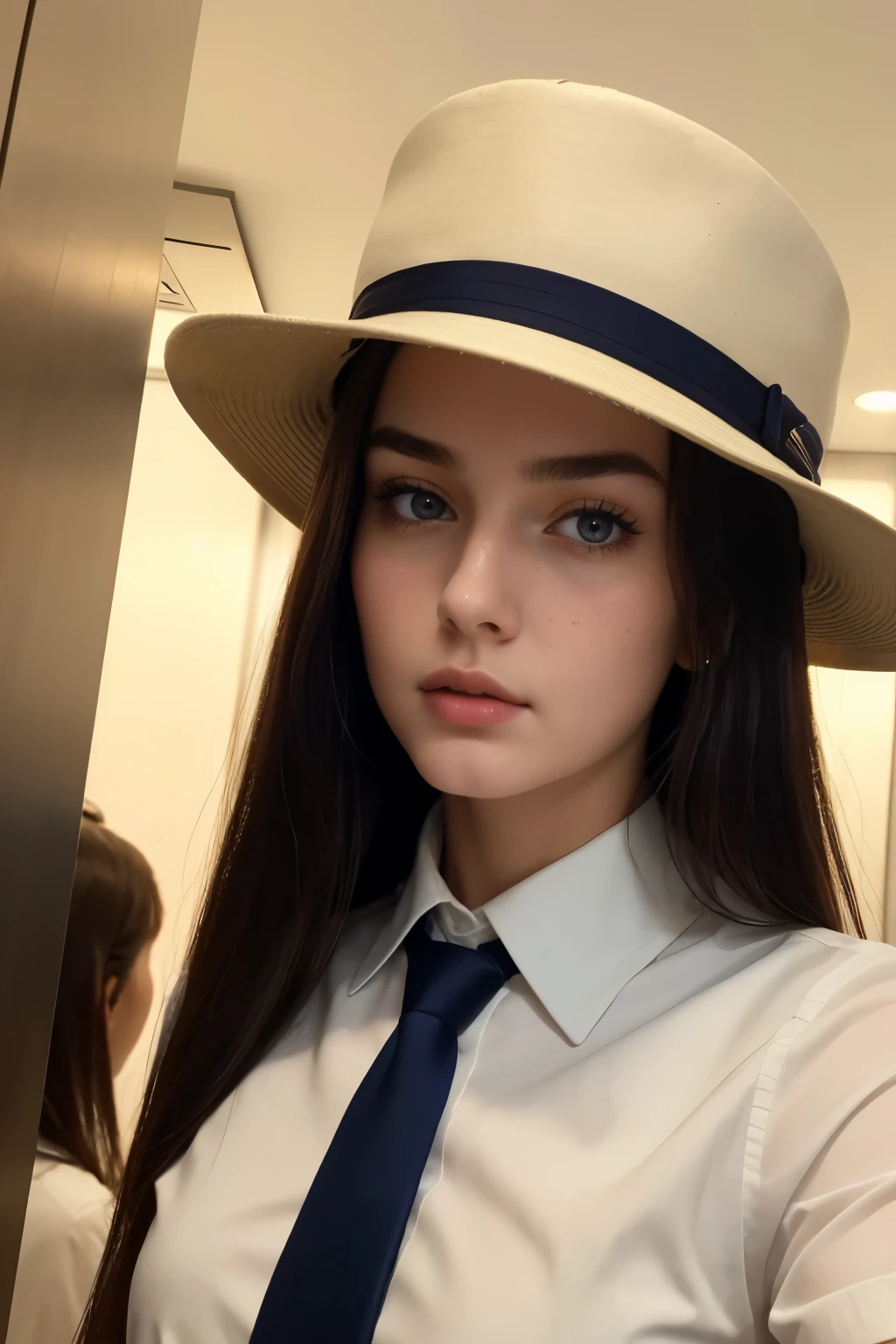 Australian elite girl, (22 years old), in the hotel, elevator, cap, necktie, arrogant expression, (below view), (face and eyes details), (masterpiece, best quality, highly detailed)