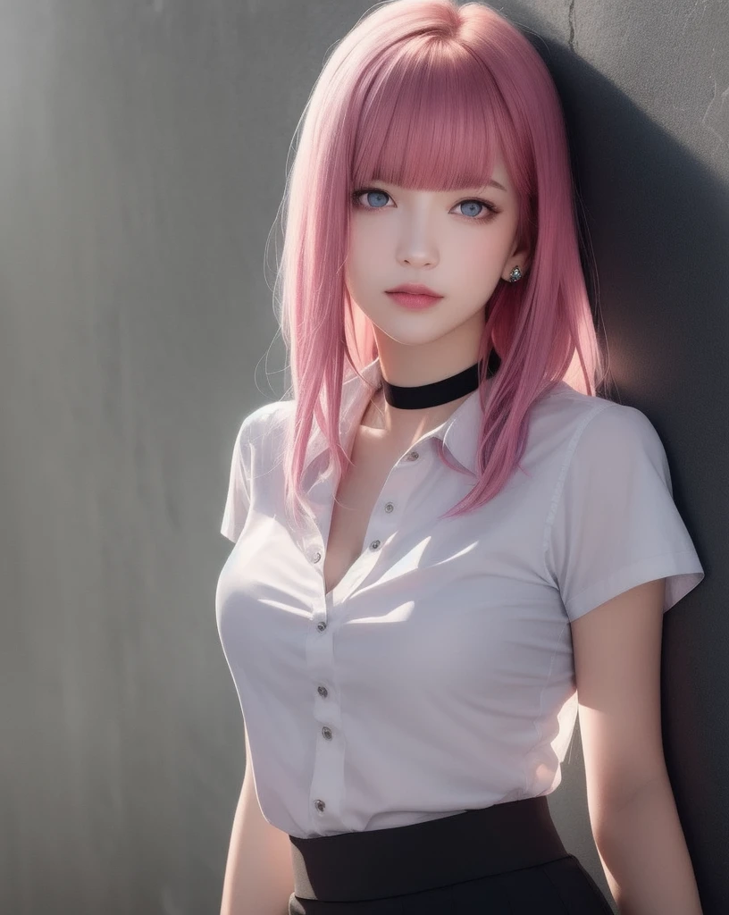 Unbeatable masterpiece, Ultra photo realsisim, Perfect artwork, Intricate details, Best quality, Strong light,High contrast, 1girll , Solo , Pink hair , Purple eyes , shirt ,view the viewer , Breasts , Earrings , jewelry, White shirt , parted lip , Sleeveless ,Sleeveless shirt , Upper body , bareshoulders , Black jacket , cropped shoulders .bangs , Jacket , Medium breasts , Short hair ,Blush , Blurry , Collared shirt , Medium hair