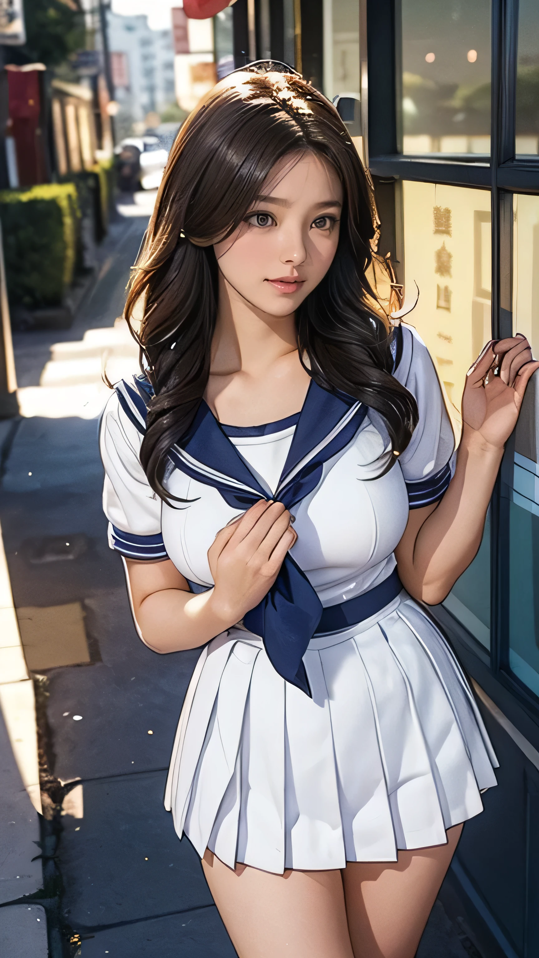 (highest quality,masterpiece:1.3,ultra high resolution),(Super detailed、caustics) (Photoreal:1.4, RAW shooting、)ultra-realistic capture、very detailed、natural skin texture、masterpiece、(Junior high school sailor uniform:1.3)、short sleeve sailor suit、1 Japanese girl、adorable expression、expression of happiness、14 years old、young face、Amazingly cute、twin tails、curly hair、black hair、Scrunchie、earrings、necklace、light makeup、Big breasts that are about to burst、Bare arms、This photo was taken in front of a sex shop in the downtown area at night.、Shining thighs、Shooting from the side、Smile、inviting gaze、