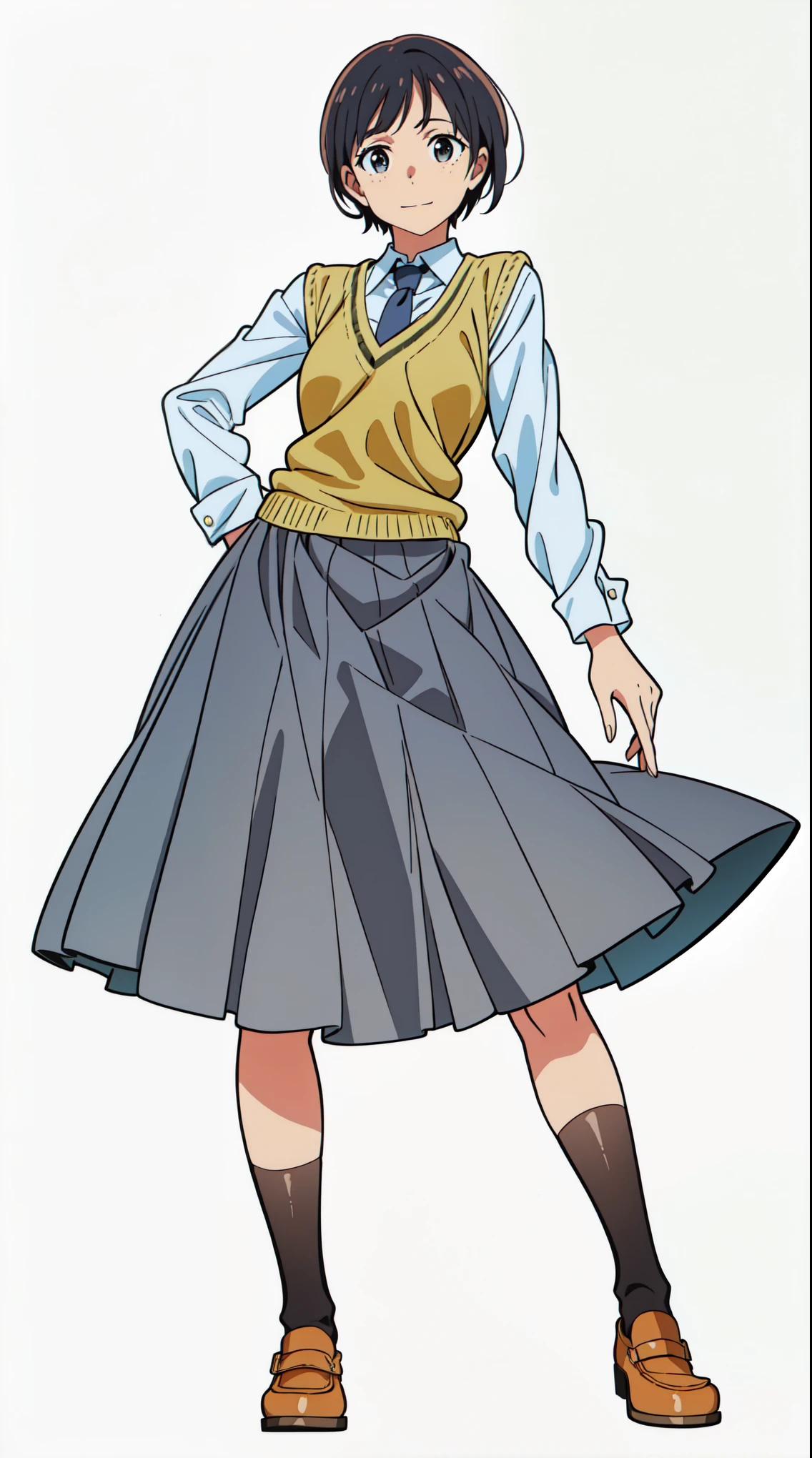 (white background:1.0), (best quality:1.0), (masterpiece:1.0), (super fine illustration:1.0), (beautiful artwork:1.0), (anime screencap:1.0), (official art:1.0), (solo:1.0), (a 20yo cute girl:1.0), (long skirt:1.0), (gray skirt:1.0), (pleated skirt:1.0), (khaki knit vest:1.0), (white long sleeve collared shirt:1.0), (dark blue necktie:1.0), (loafers:1.0), (black socks:1.0), (ideal ratio body proportions:1.0), (lanky:1.0), (tall:1.0), (slender:1.0), (small breasts:1.0), (smaller face:1.0), (freckles:1.0), (cheerful:1.0), (detailed beautiful eyes:1.0), (detailed beautiful face:1.0), (glowing black eyes:1.0), (very short hair:1.0), (swept bangs:1.0), (black hair:1.0), (standing:1.0), (looking at viewer:1.0)