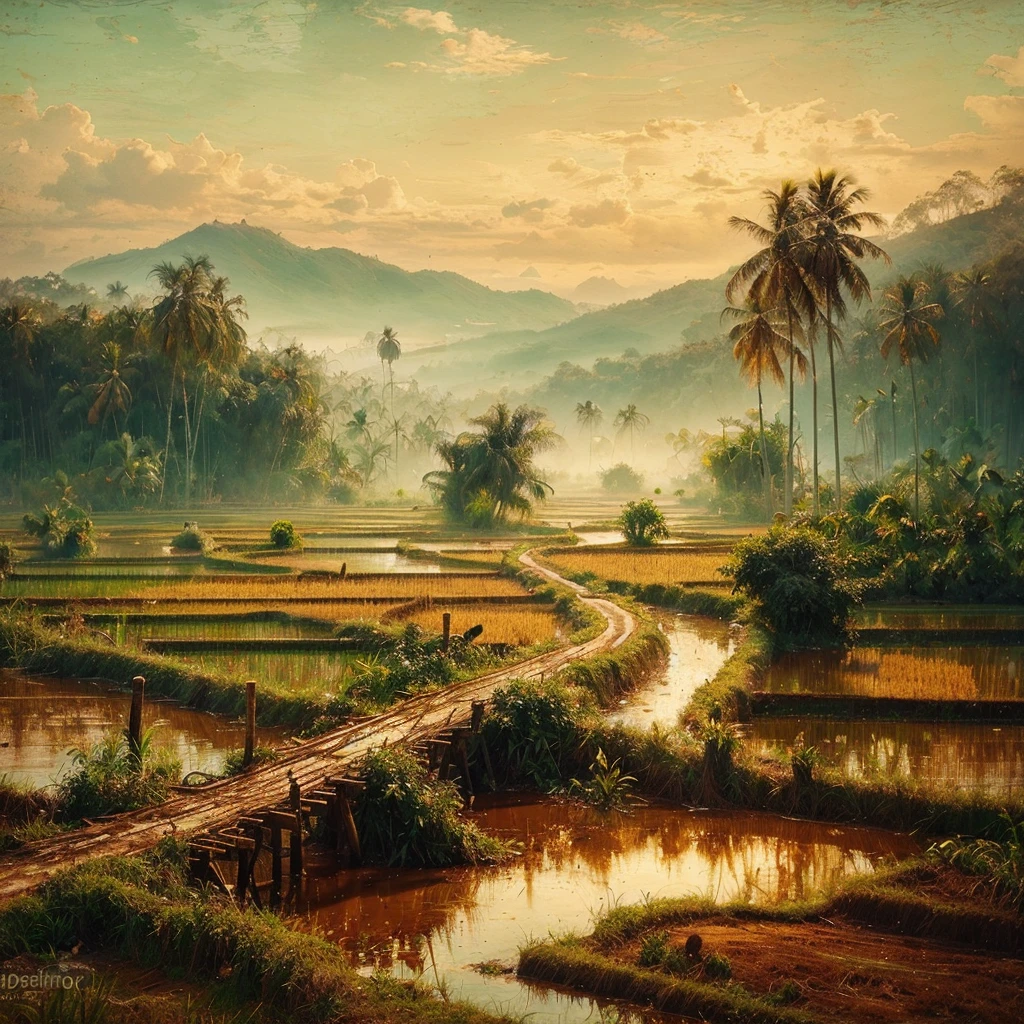 Oil paint splattered era 1960, a view of rice fields, dirt road, distant hill background, forest, coconut tree, and bamboo trees, there is grass,check,The river flows calmly and there is a wooden bridge,ferns plant, foggy morning,naturalism,Realism,very dull canvas, Affandi style, Oil paint splashes are intuitive