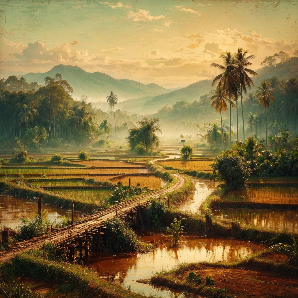 Oil paint splattered era 1960, a view of rice fields, dirt road, distant hill background, forest, coconut tree, and bamboo trees, there is grass,check,The river flows calmly and there is a wooden bridge,ferns plant, foggy morning,naturalism,Realism,very dull canvas, Affandi style, Oil paint splashes are intuitive