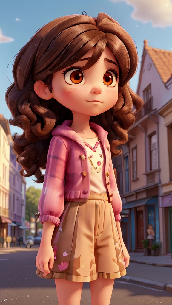 1girl, young girl, , small, cute, lovely, ((black hair)), (brown hair), (gradient hair:1.5), (big hair:1.2), medium hair, flaps hair, red ribbon, hairpin, brown eyes, detailed eyes, crystal eyes, arguing with the viewer, serious face, frowning at the viewer, (pink lips:0.8), perfect hands, nice hands,pullover and floral shirt, colorful clothes, lace-up collar, scenery , in the street, holding some cookie, looking at the viewer, (detailed light:1.1), (dynamic light:1.1), (intricate:1.1), sharp focus, AI-generated, (masterpiece:1.2), (best quality:1.2), (very aesthetic:1.2), (absurdres:1.2), (detailed background), newest