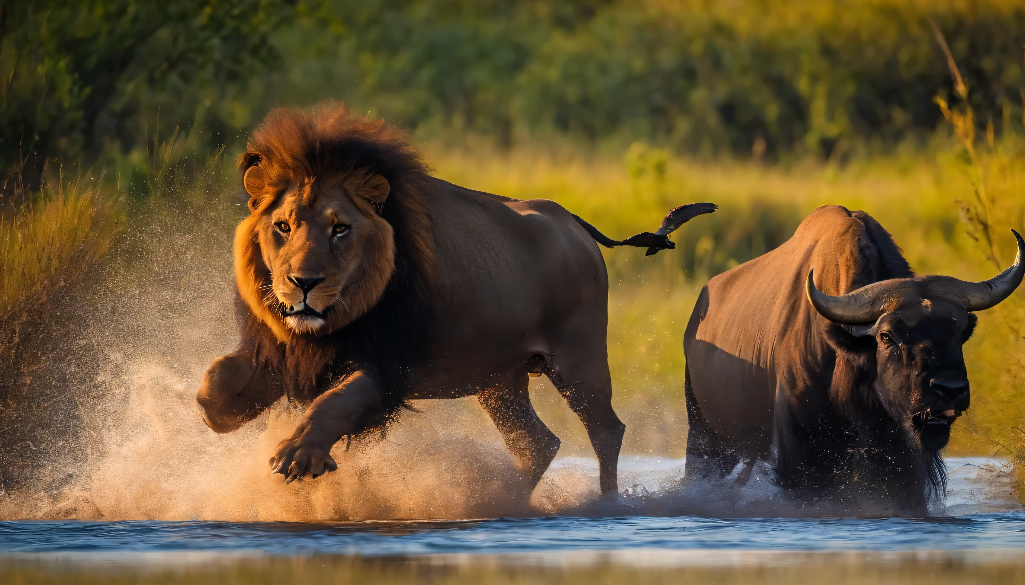 A large, red eyes and Stunning Buffalo attacks to a lion by buffalo horn in a river bank