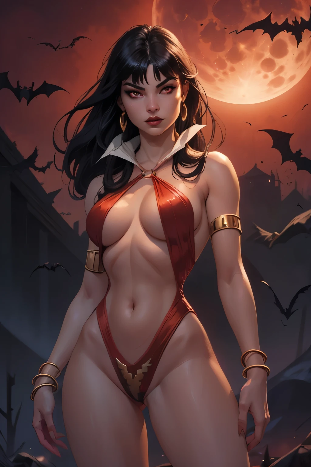 Hot vampirella wearing a deep V red swimsuit, hot Body ,  skin texture ,  realistic textures, sexy, camel toes, naughty, large perky , realistic, HDR, UHD, dynamic, front view, dark outside. moonlight, glowing red eyes. Full moon and bats background. 