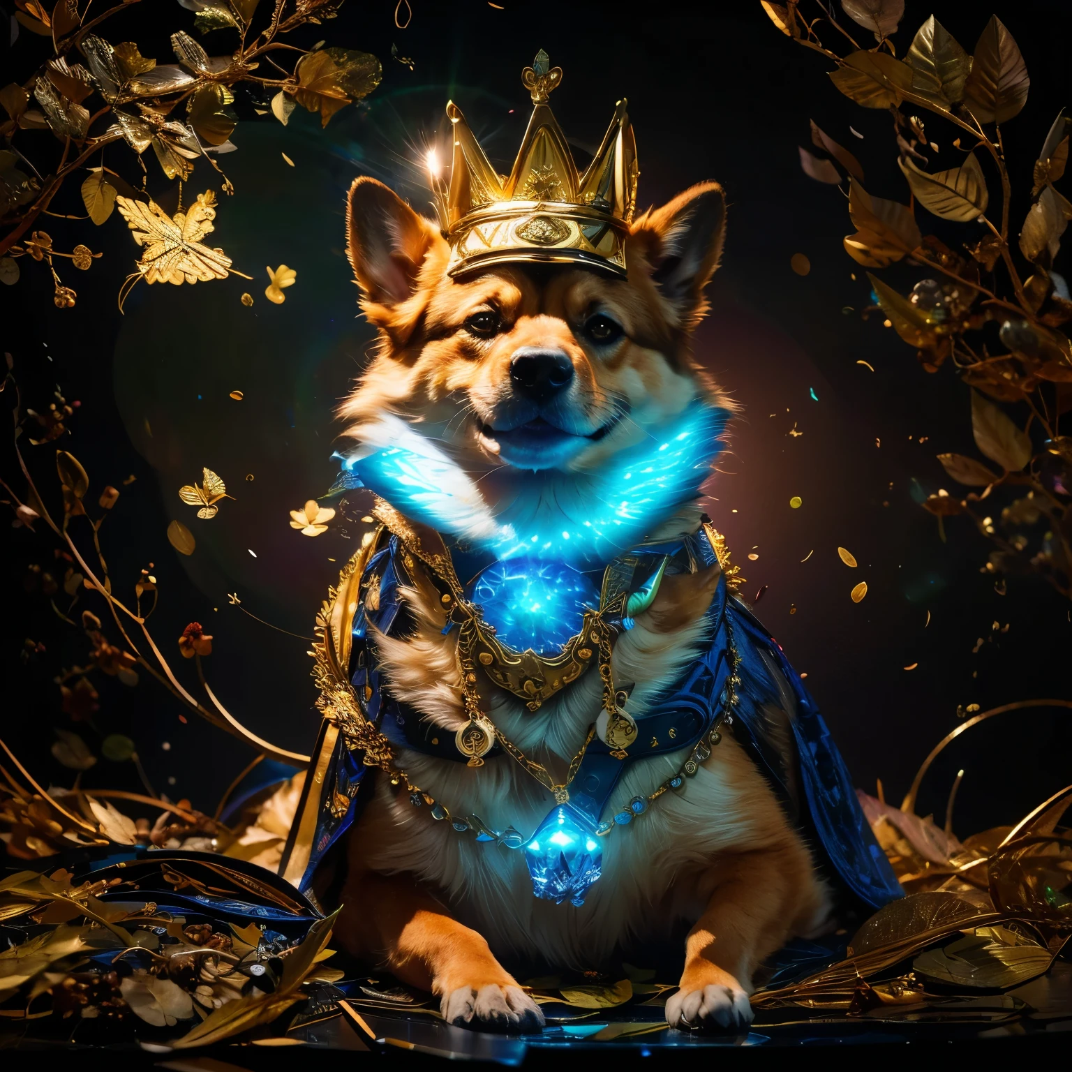 master piece, high quality, a luminescent totem of a Royal corgi Dog, black background, master piece, high quality, clean background, totem pole, mystery particles