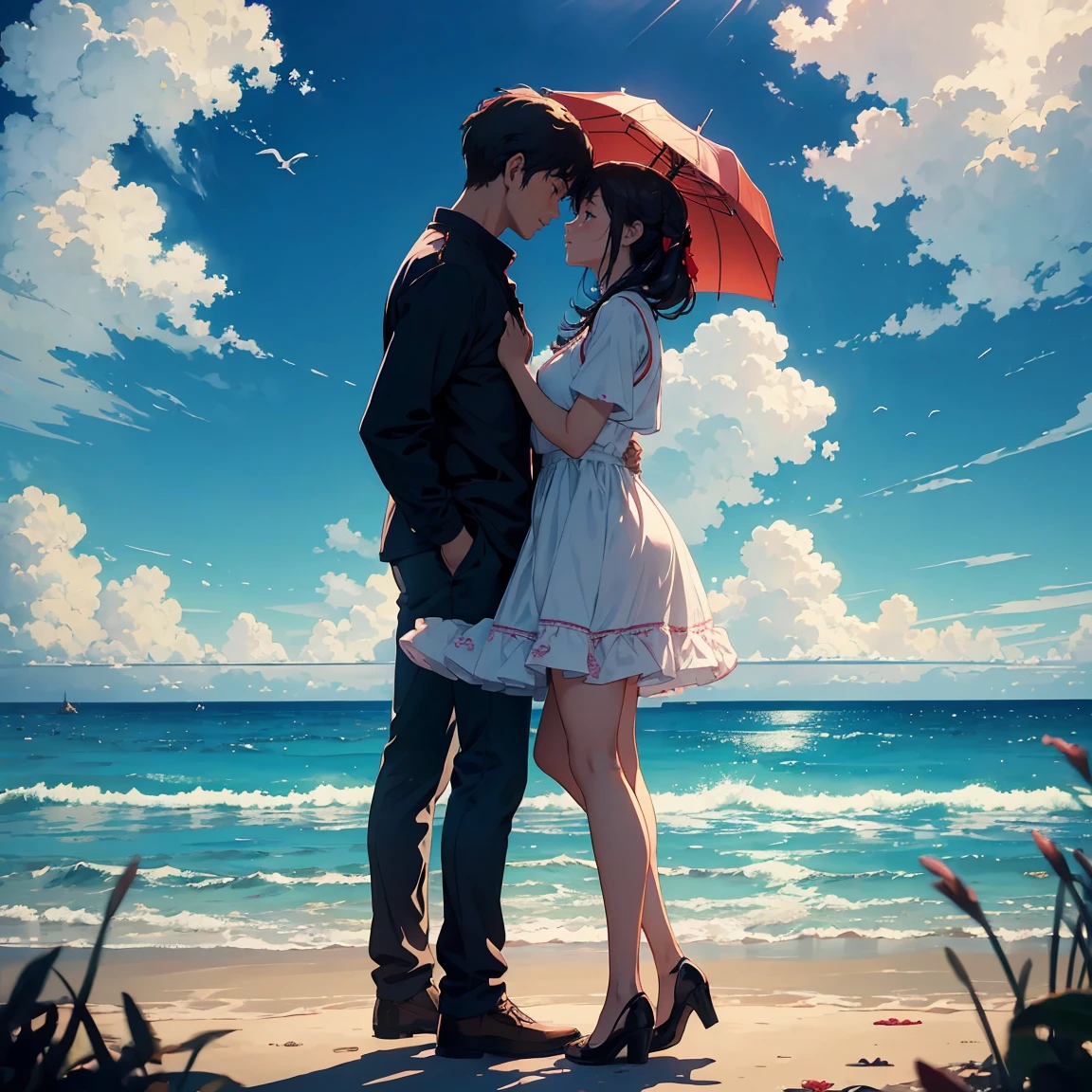A romantic couple standing together on a beach, holding a red umbrella. The man and woman embrace each other tenderly, looking into each other's eyes with love and affection. The scene is set against a backdrop of a vast ocean, with gentle waves and a beautifully clouded sky. The grass in the foreground is lush and green, providing a soft base for the scene. The image has a slightly painterly effect, with the colors appearing vibrant and soft, reminiscent of an anime or watercolor painting. The overall atmosphere is serene and romantic, capturing a tender moment between the couple. The focus is on the couple, with the background slightly blurred, adding depth to the composition. The photograph is taken from a wide perspective, making the couple appear far away, and capturing a broad view of the sky and landscape. This wide-angle approach emphasizes the expansive beauty of the surroundings, highlighting the serene ocean and the vast, cloud-filled sky, enhancing the dreamy and romantic ambiance of the scene