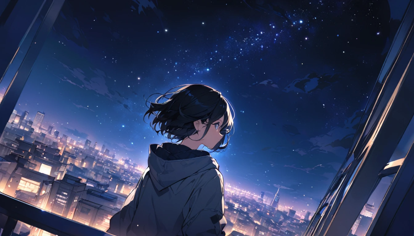 Starry Sky、Night view、City、A woman at the center、Black Hair、Short Hair、Hair blowing in the wind、Wearing a hoodie、Back view、Full body portrait、Overlooking the city from the balcony、Angle viewed from below