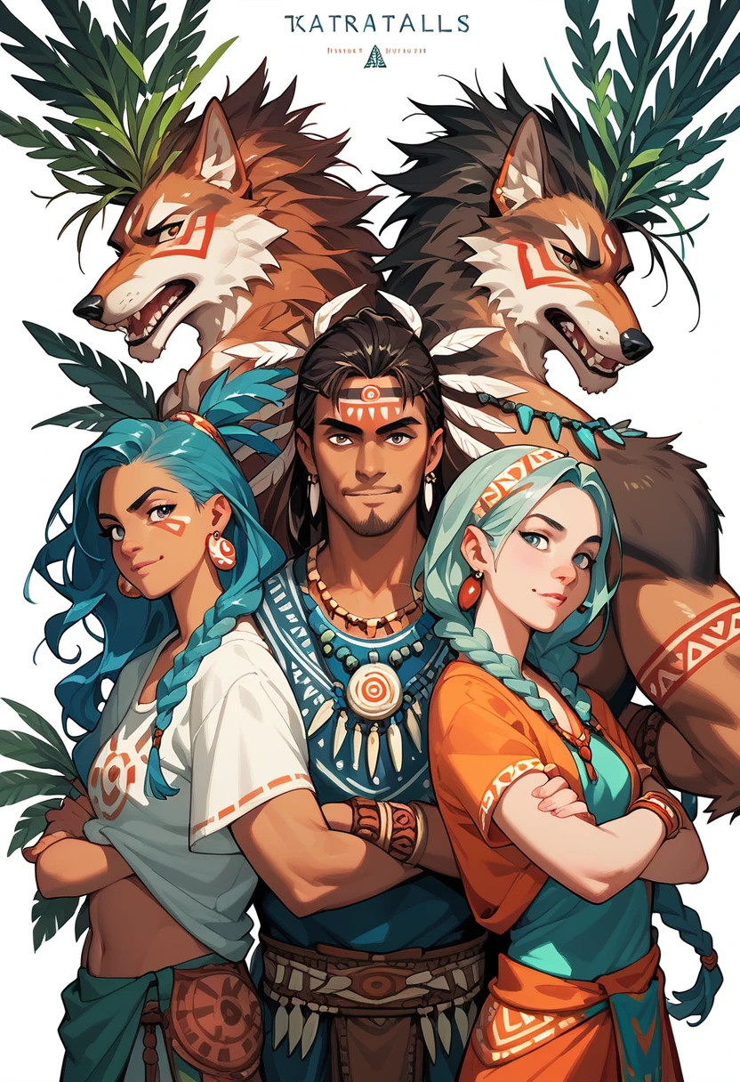 8k, cover_page, Tribal Spirit animals, A t-shirt design inspired by tribal art and folklore, featuring intricately detailed spirit animals such as wolves, The design incorporates geometric patterns and bold linework to create a striking and powerful composition, white background,
