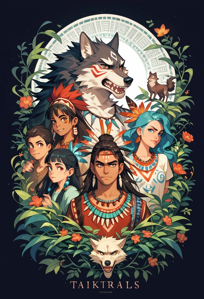 8k, cover_page, Tribal Spirit animals, A t-shirt design inspired by tribal art and folklore, featuring intricately detailed spirit animals such as wolves, The design incorporates geometric patterns and bold linework to create a striking and powerful composition, white background,